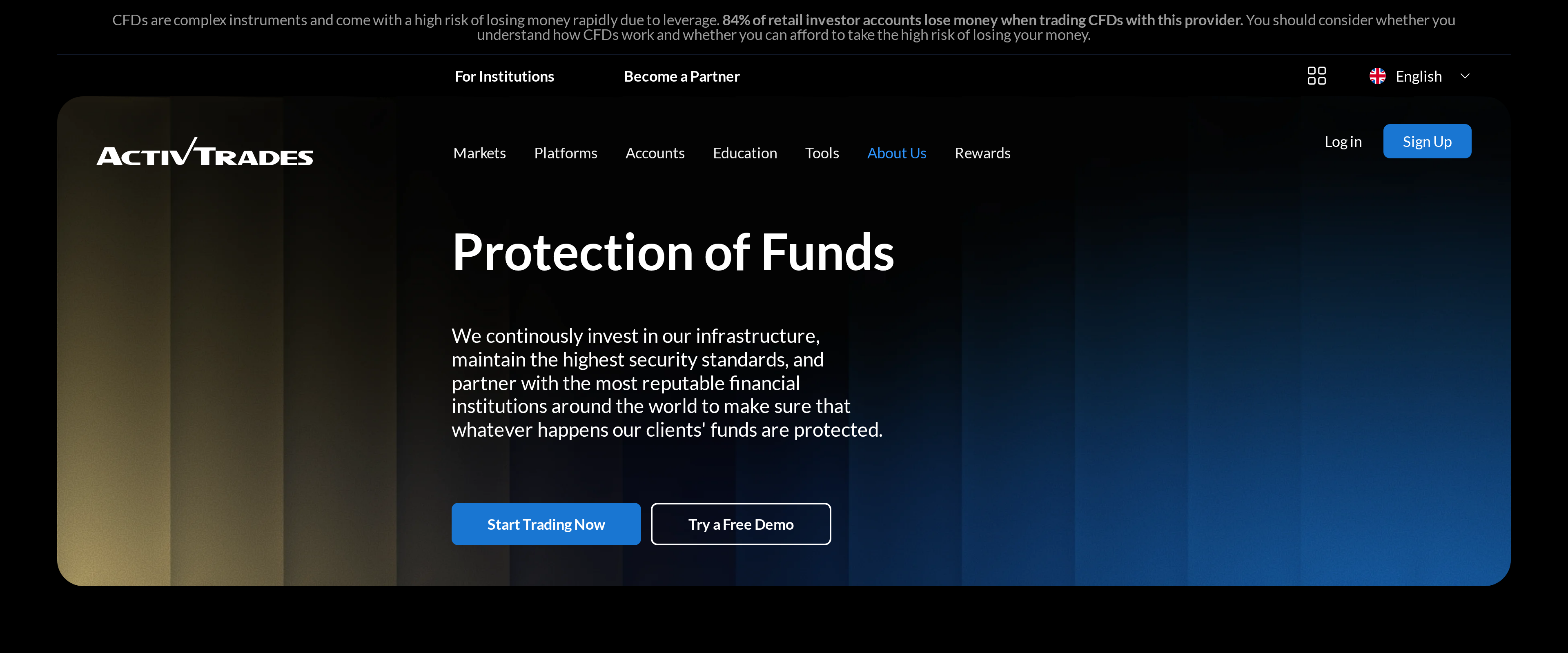 ActivTrades Clients Funds Protection page headline reading Protection of Funds, describing continuous investment in infrastructure and partnerships with reputable financial institutions