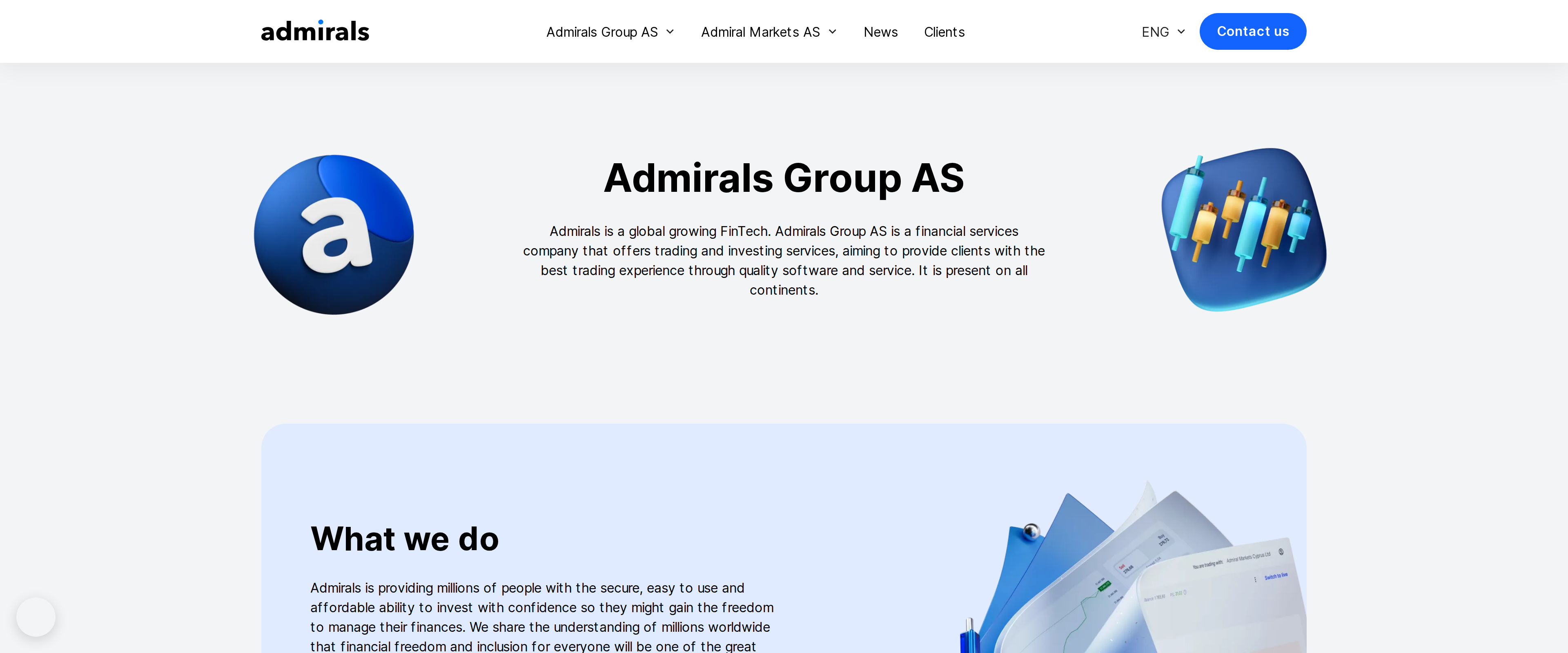 Admirals Group AS corporate page headed What we do describing Admirals as a global FinTech offering trading and investing services