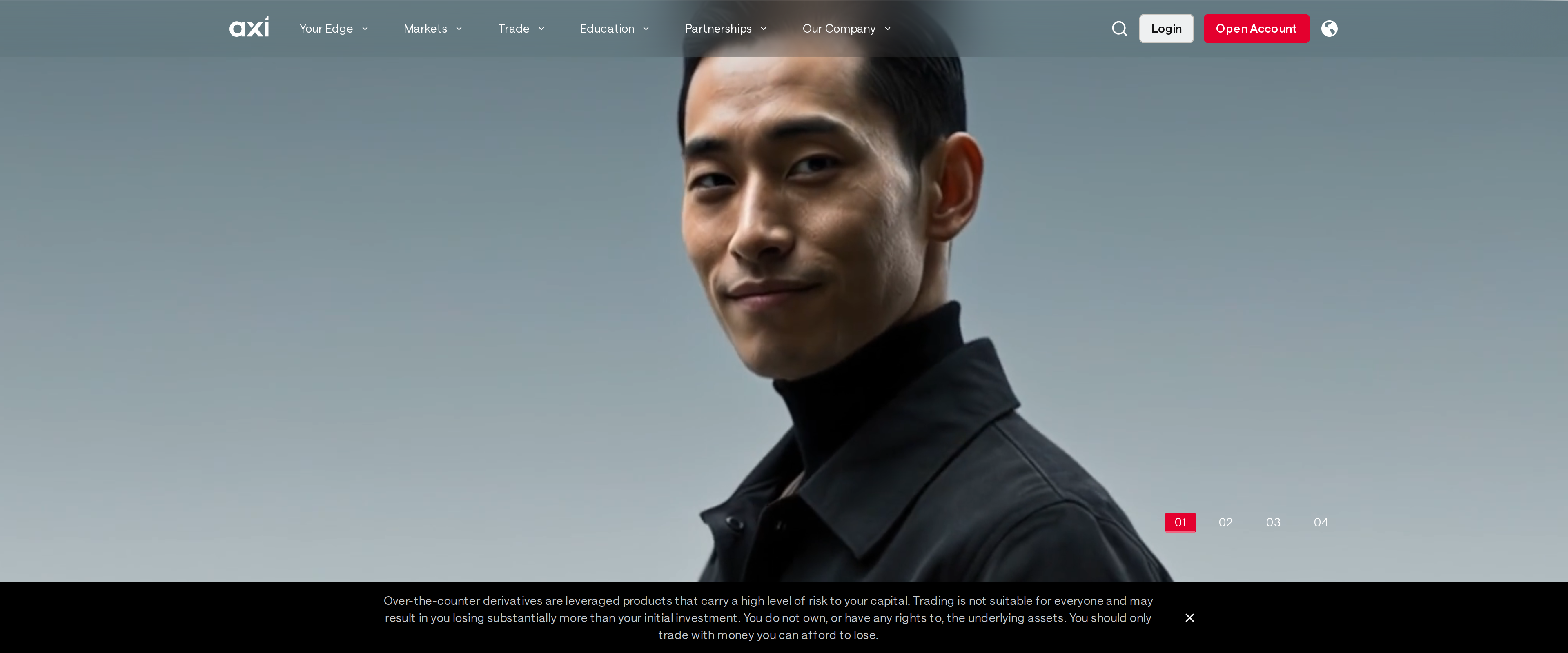 Axi's international homepage hero video with the standard over-the-counter derivatives risk warning shown beneath it