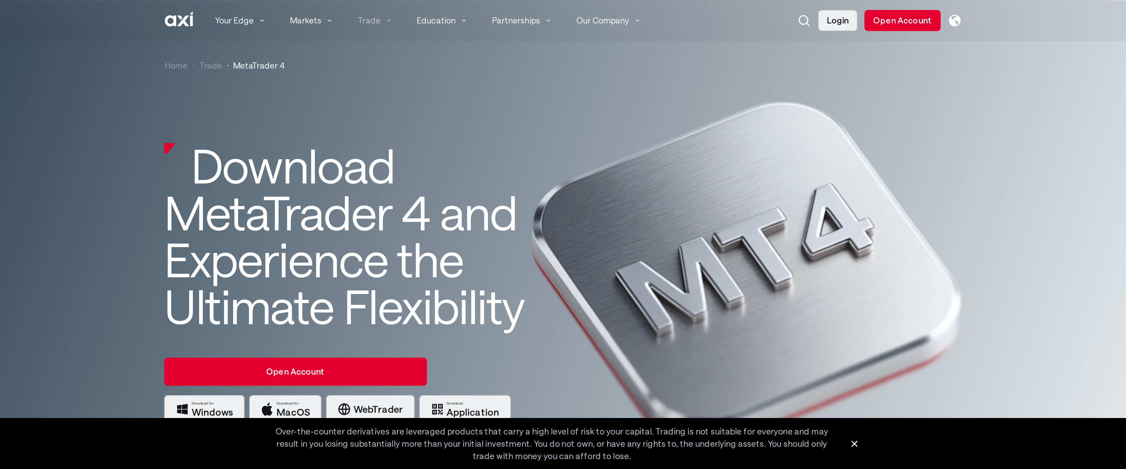 Axi's MetaTrader 4 download page headline reading Download MetaTrader 4 and Experience the Ultimate Flexibility