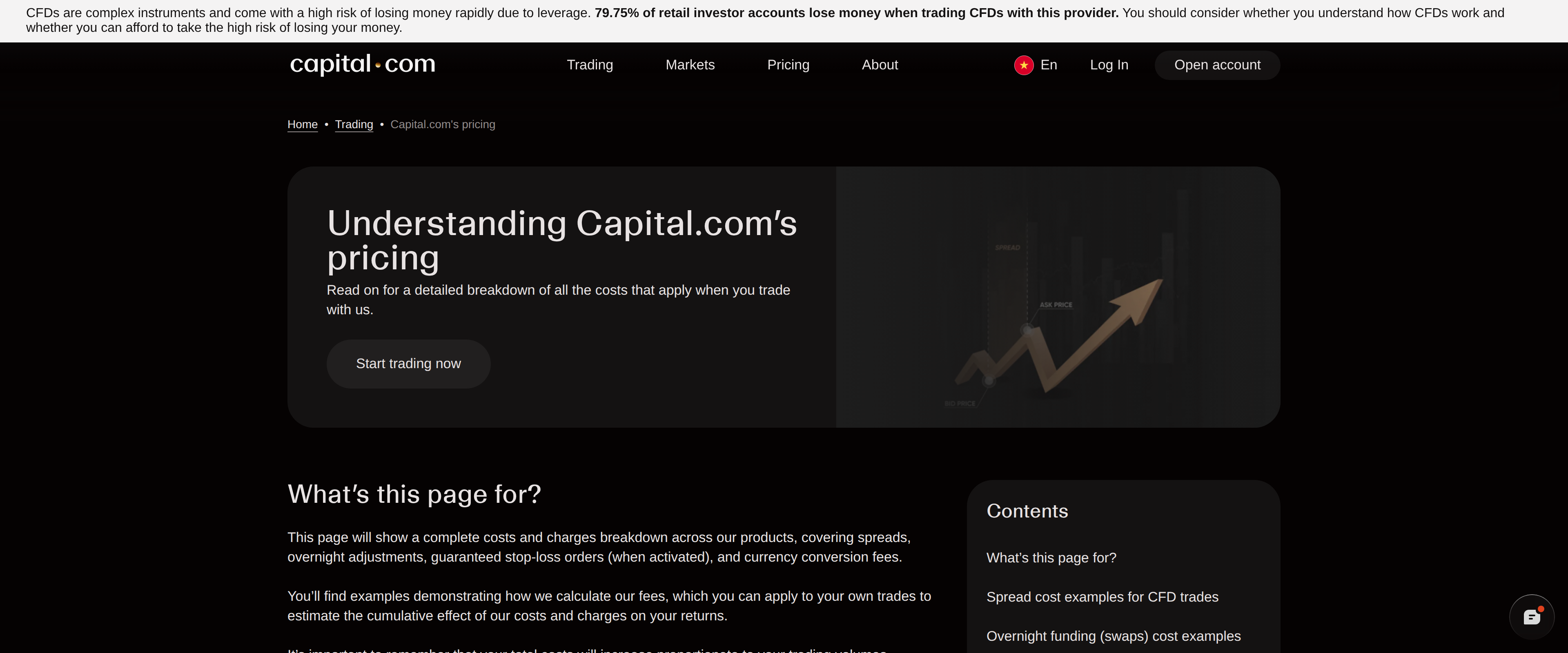 Capital.com's pricing page explaining spreads, overnight adjustments and guaranteed stop-loss fees