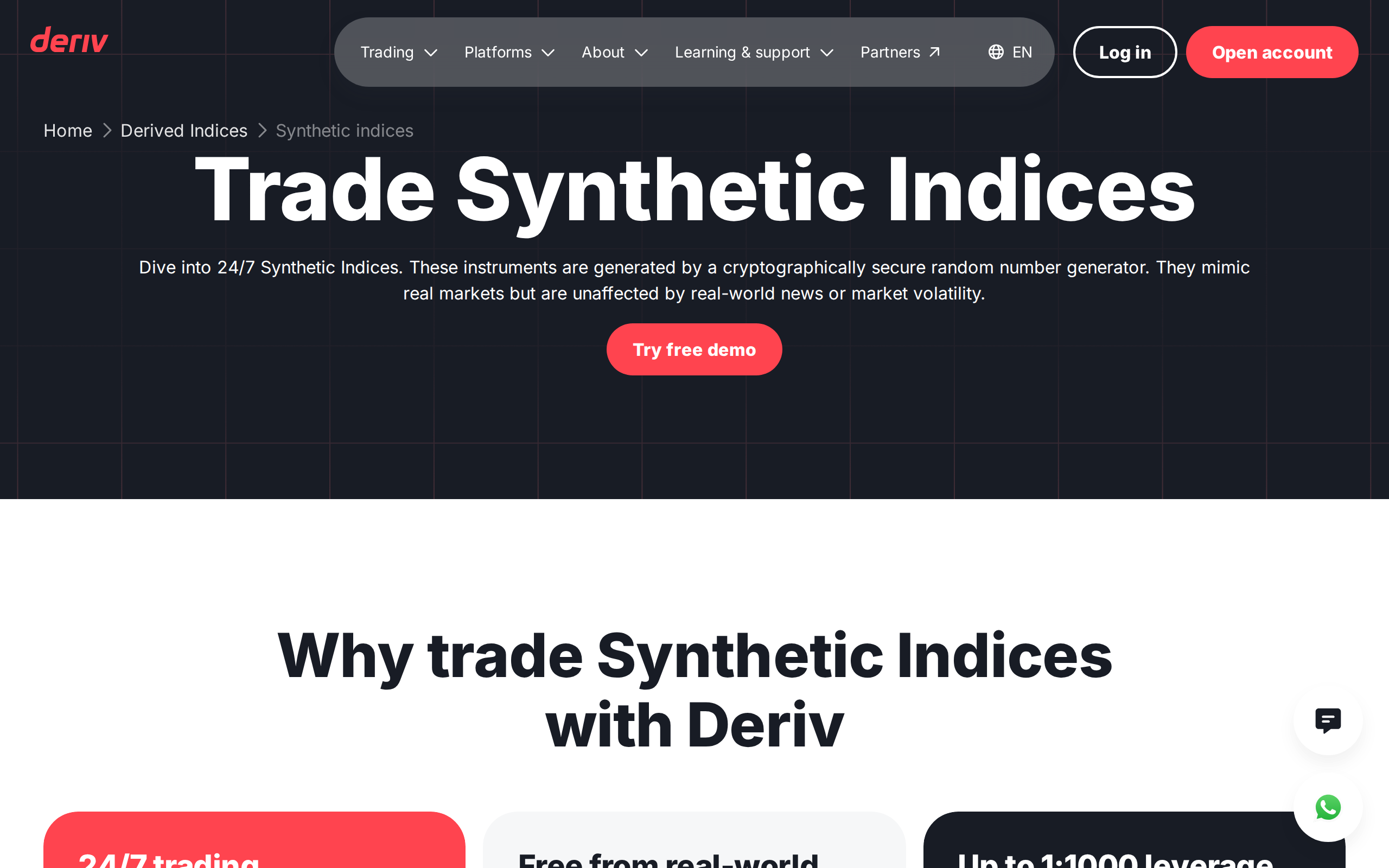 Synthetic indices page headline reading Trade Synthetic Indices above a description of a 24/7 cryptographically generated market