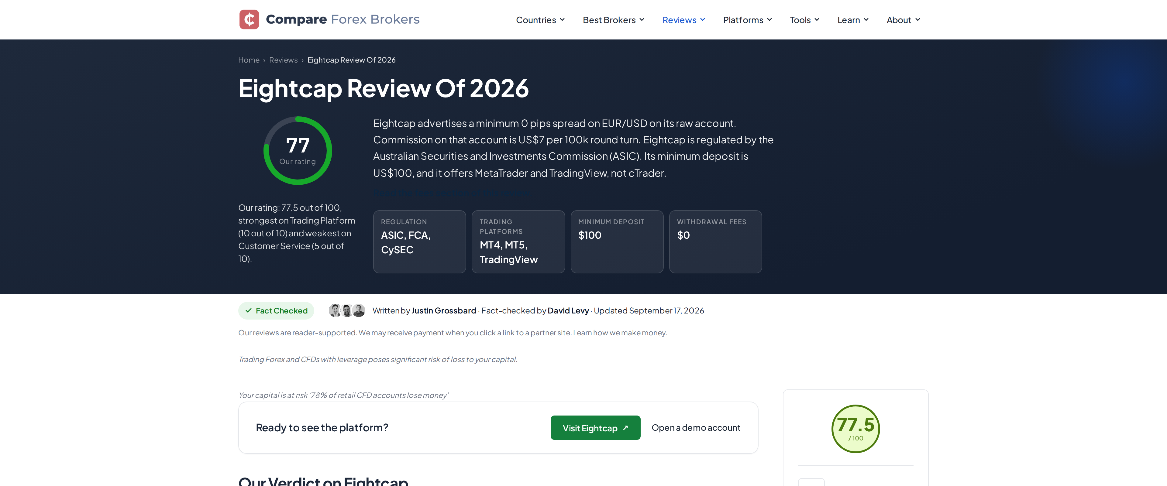 Independent Eightcap review page headed Our Verdict on Eightcap, listing country availability and a 100 dollar minimum deposit