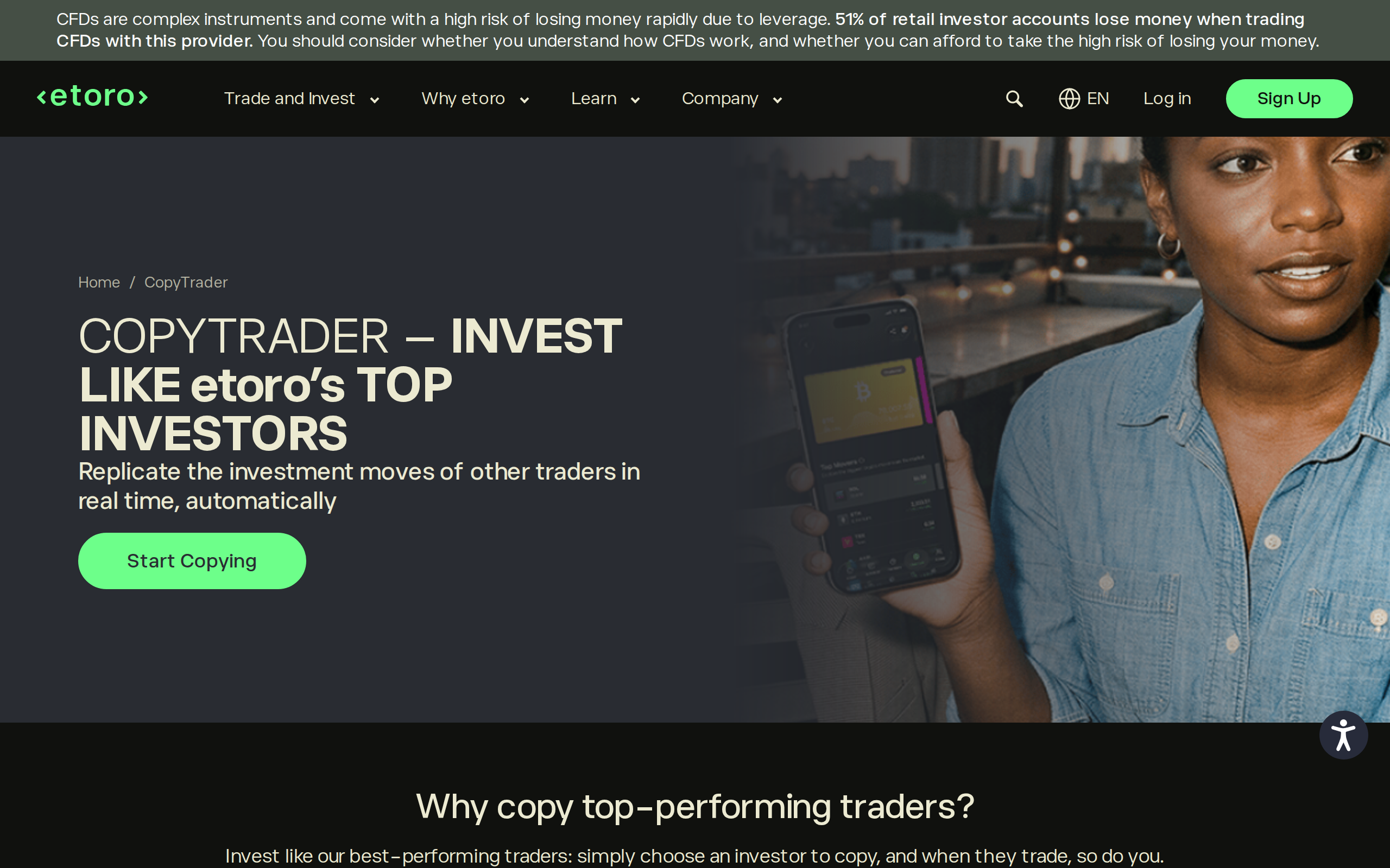 eToro CopyTrader landing page reading Invest like etoro's top investors above a description of automatic replication