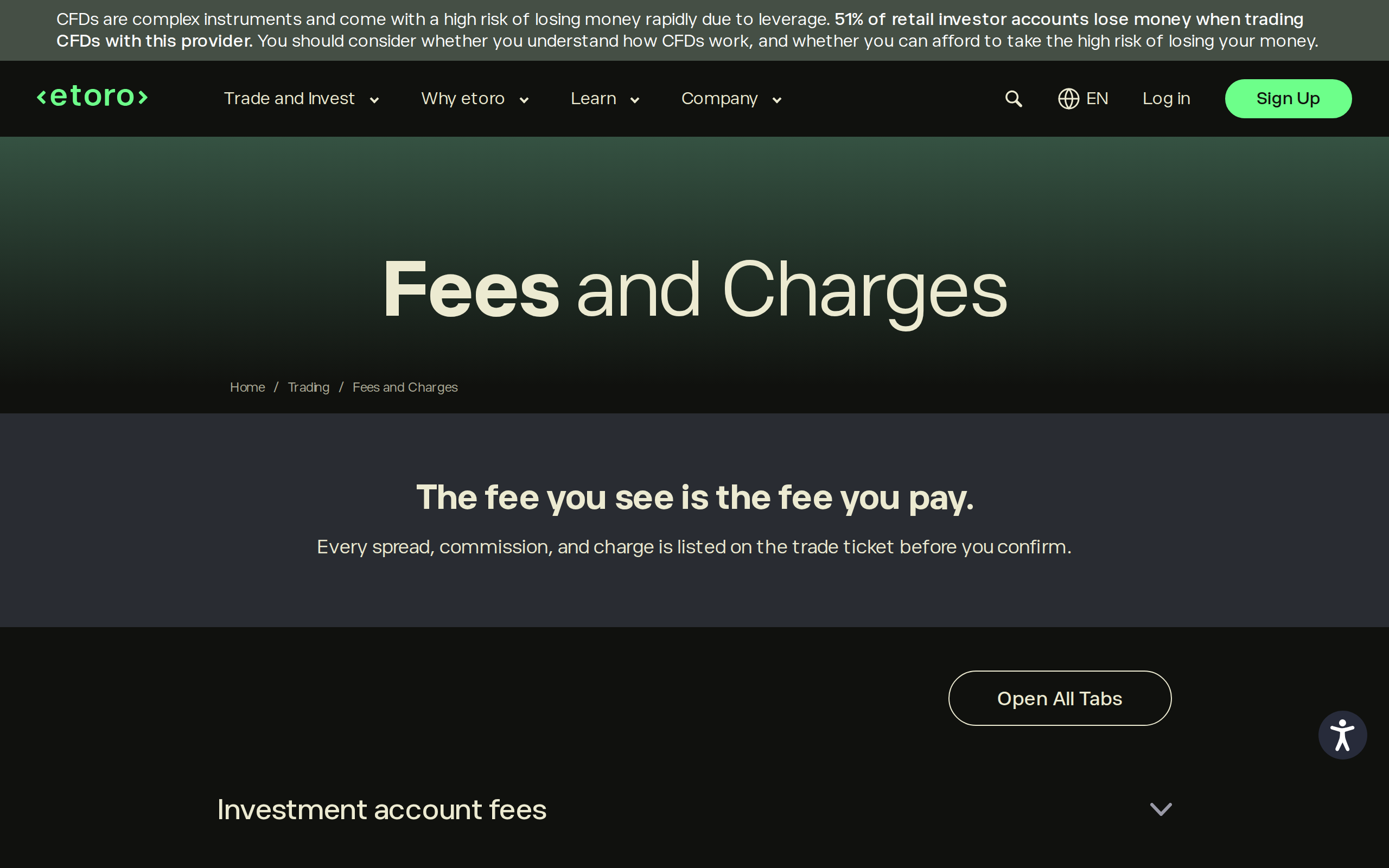 eToro fees and charges page stating the fee you see is the fee you pay above an investment account fees section