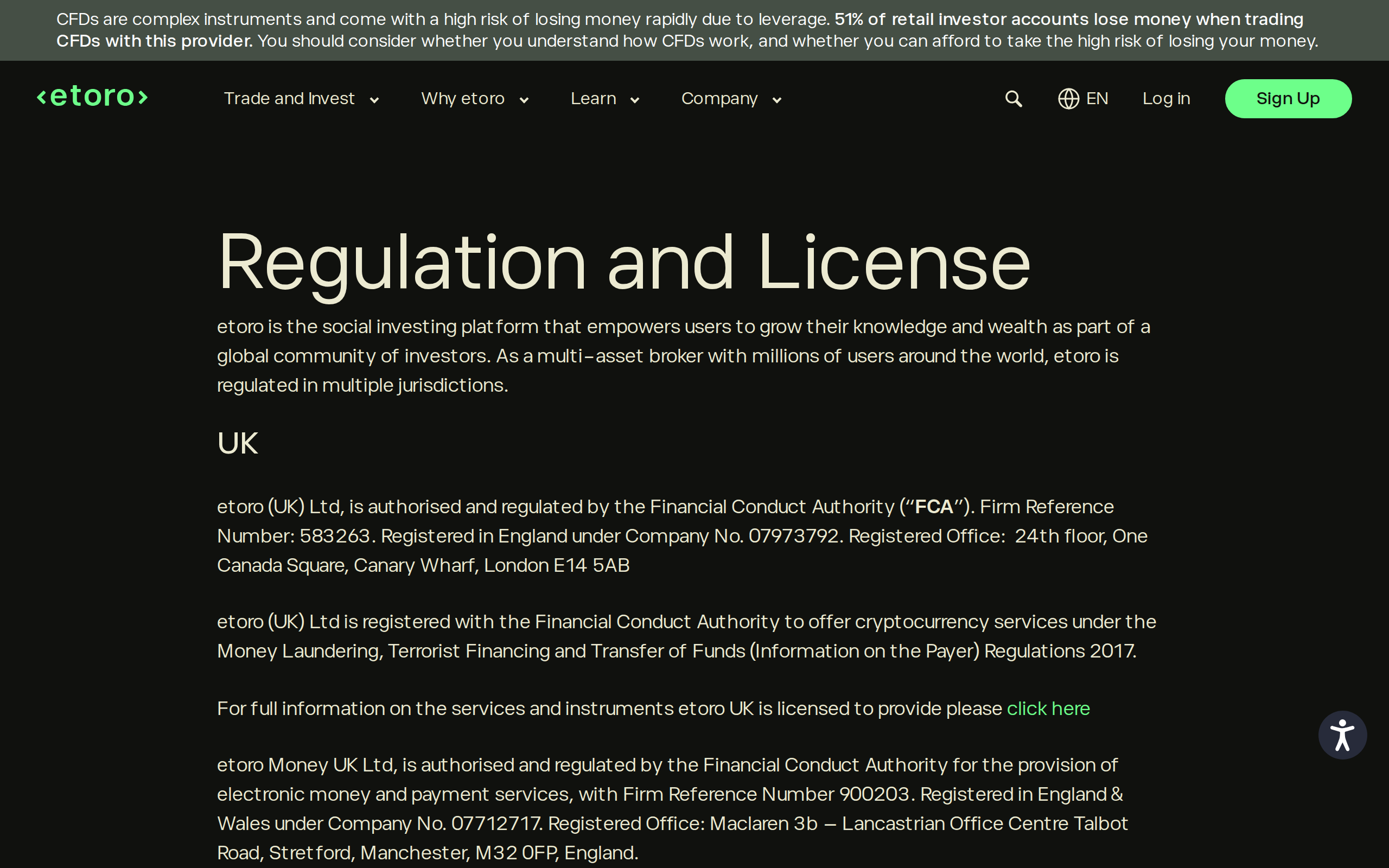 eToro regulation and license page listing the UK entity's FCA authorisation and firm reference number