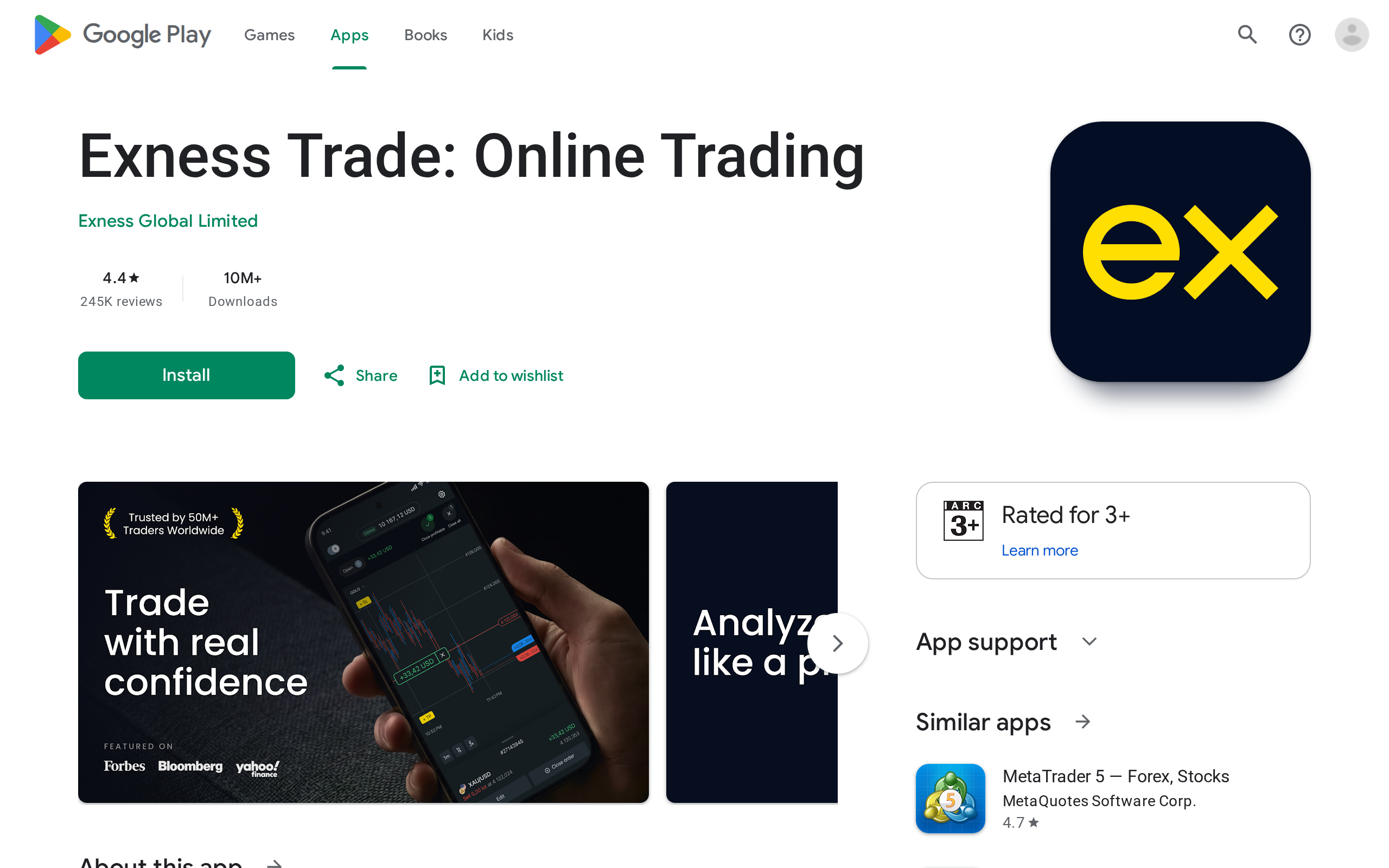 Exness Trade Online Trading listing on Google Play showing app screenshots and store details