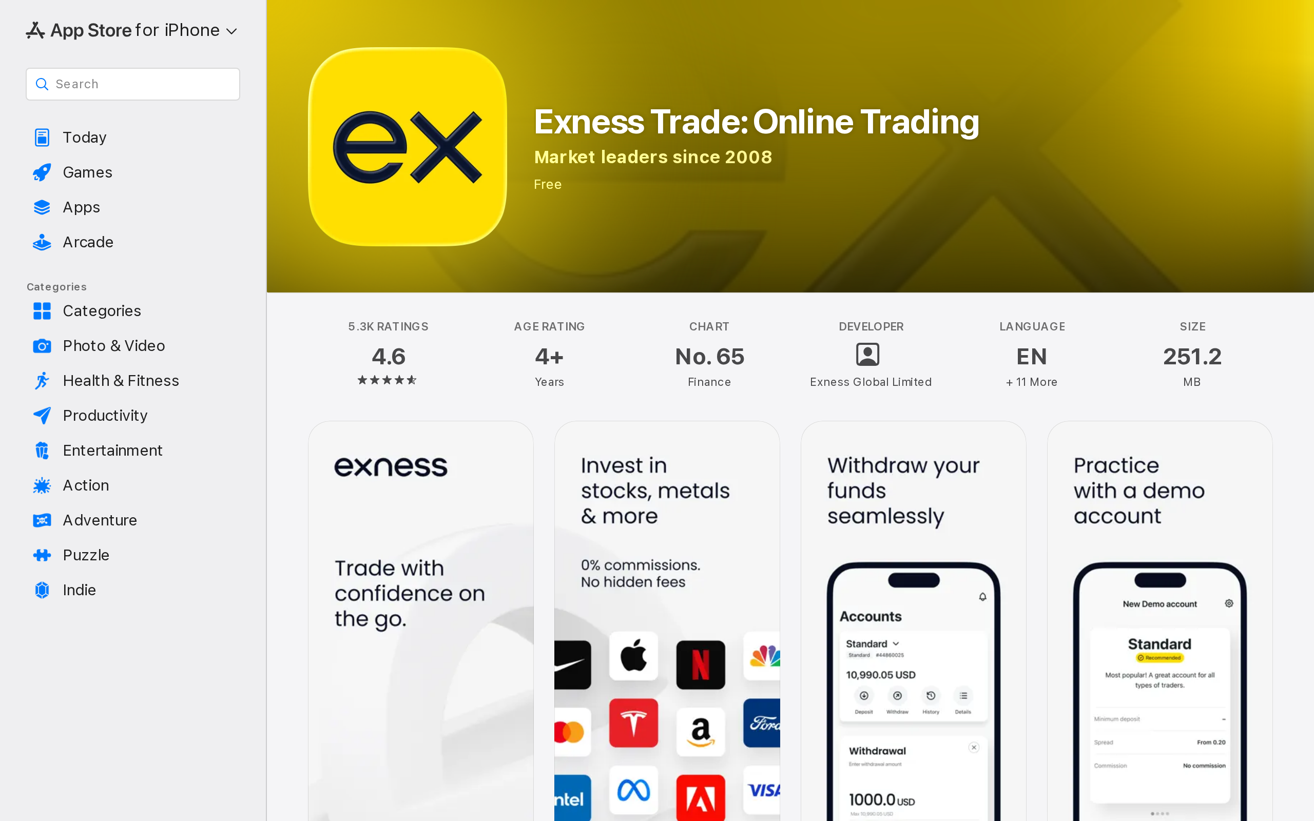 Exness Trade Online Trading App Store listing showing the developer name and app screenshots