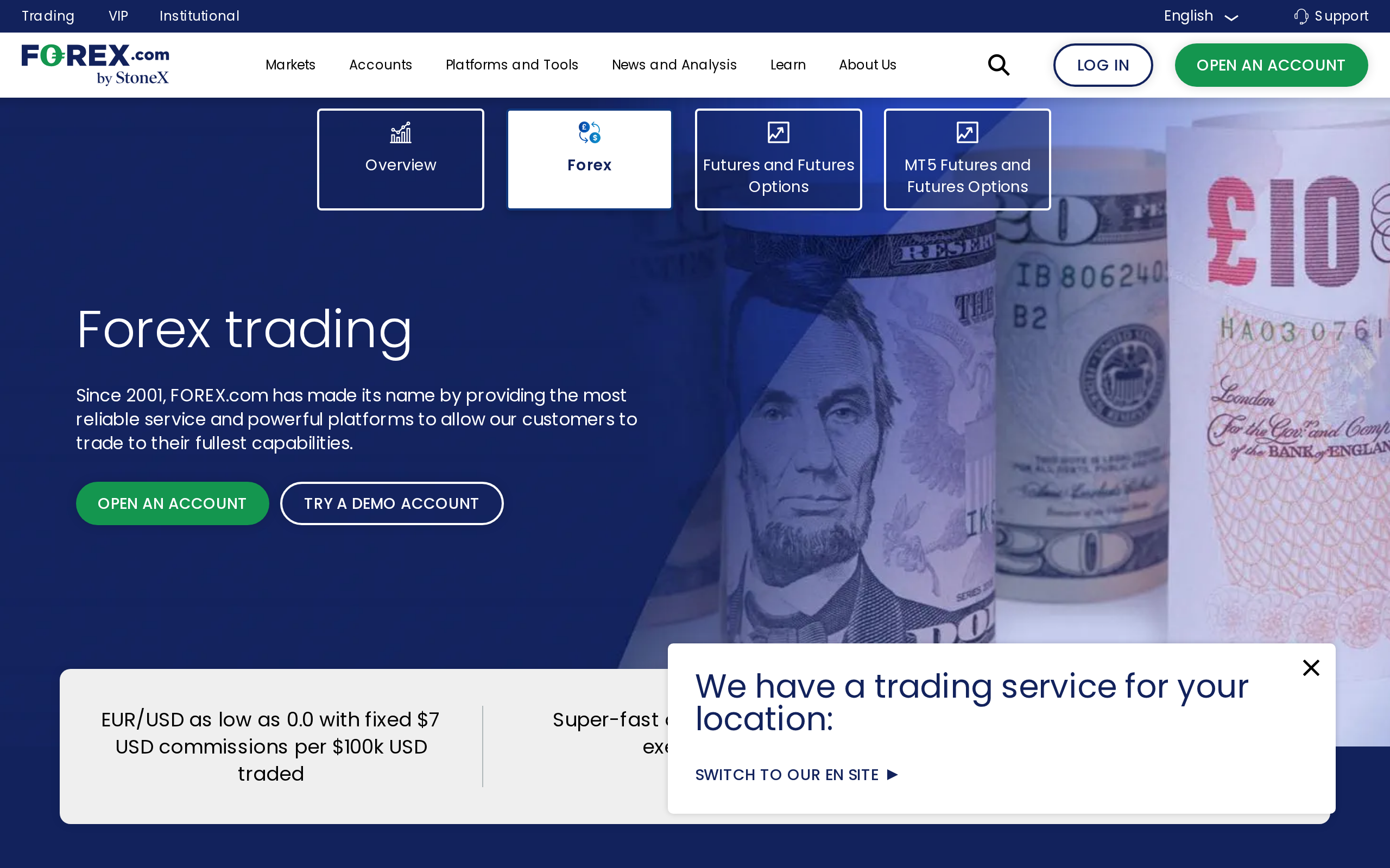 Forex trading page listing platform options including MT5 Futures and Futures Options