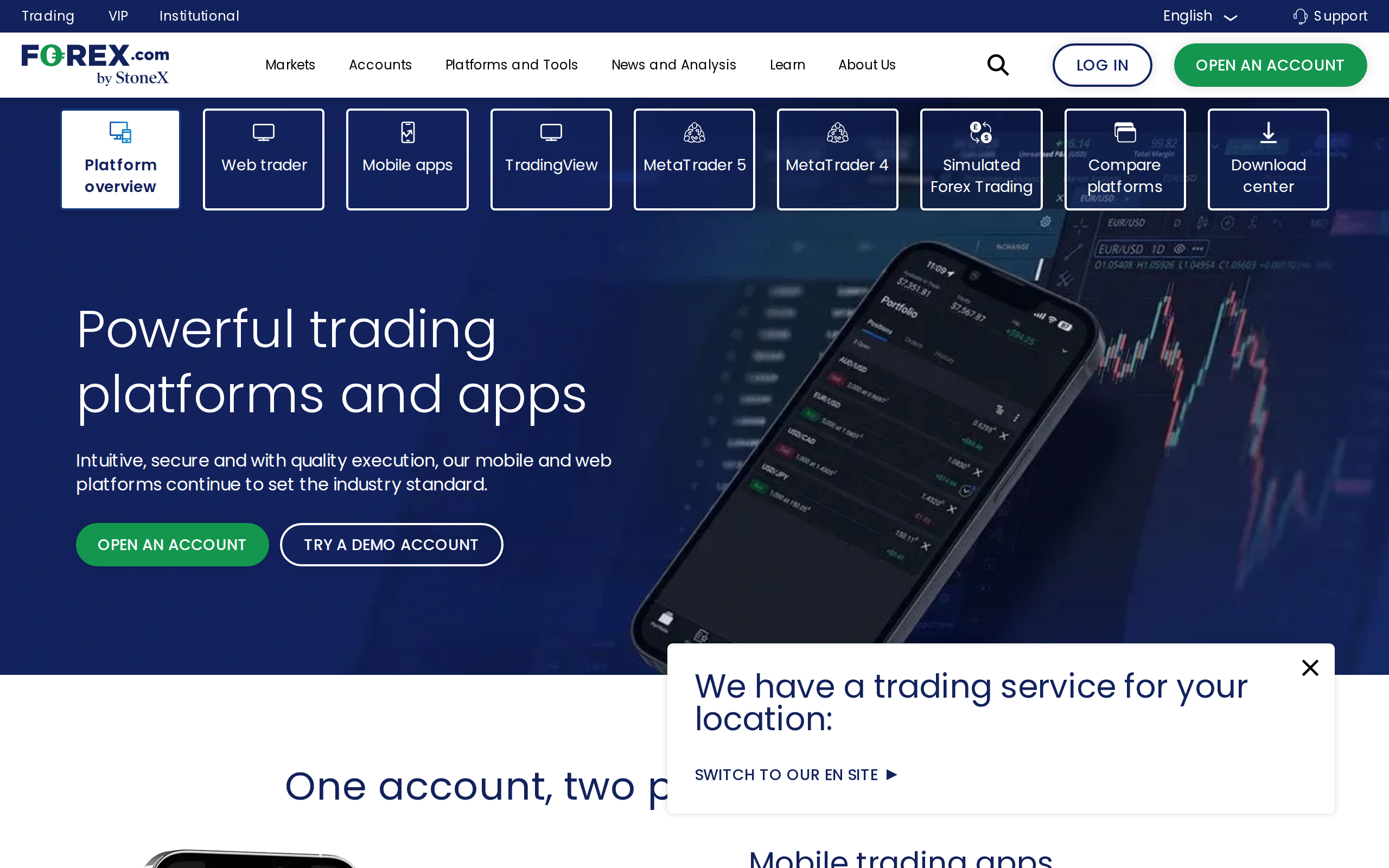 Trading platforms page headline reading Powerful trading platforms and apps