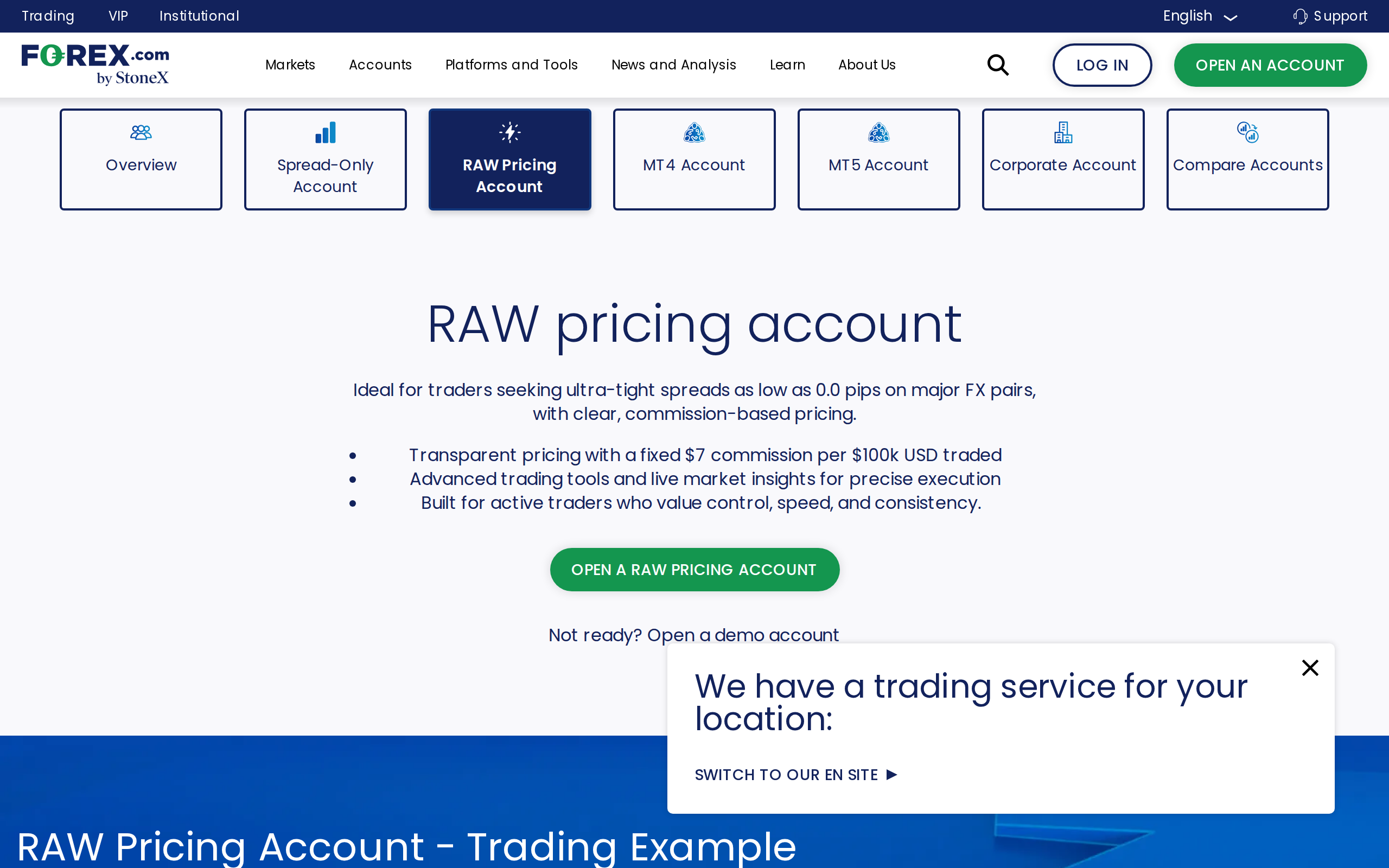 RAW pricing account page showing a fixed $7 commission per $100k traded