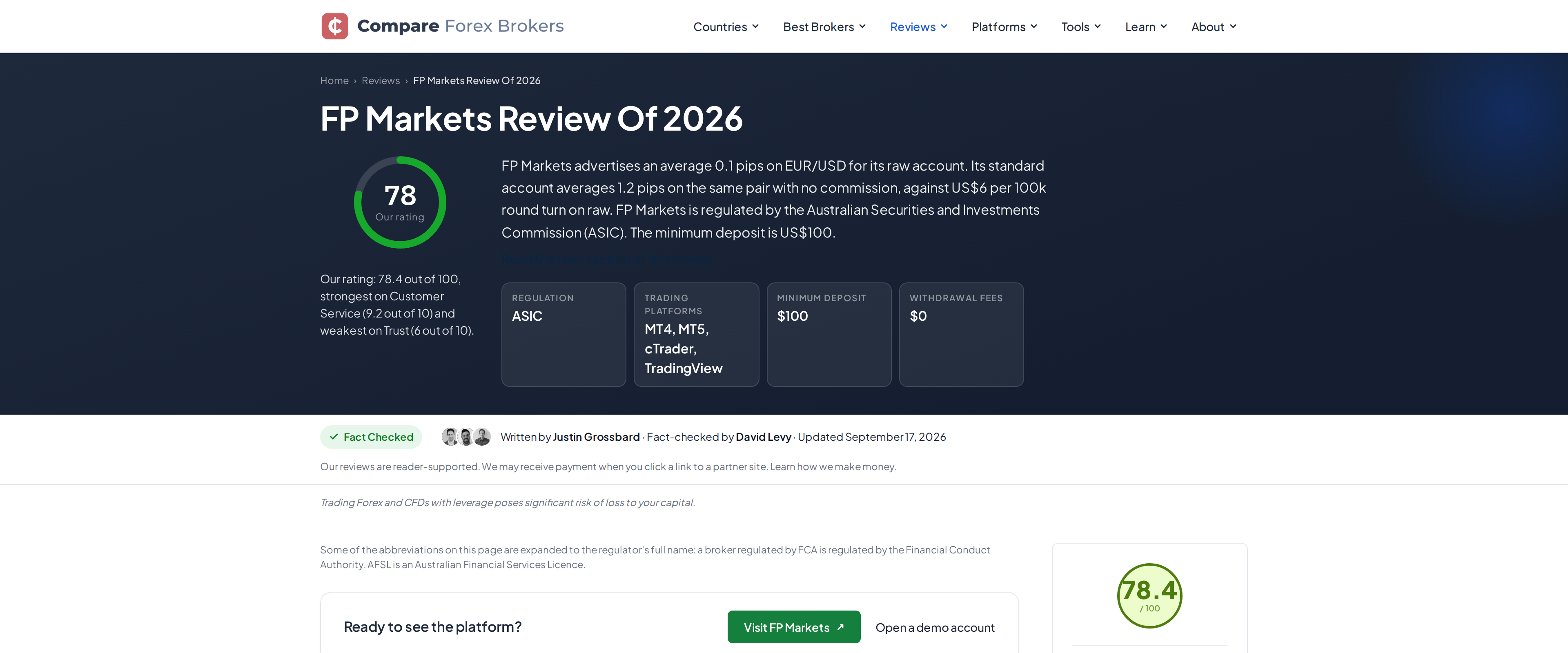 An independent broker comparison site's FP Markets review page showing its $100 minimum deposit and lowest-commission broker category tags
