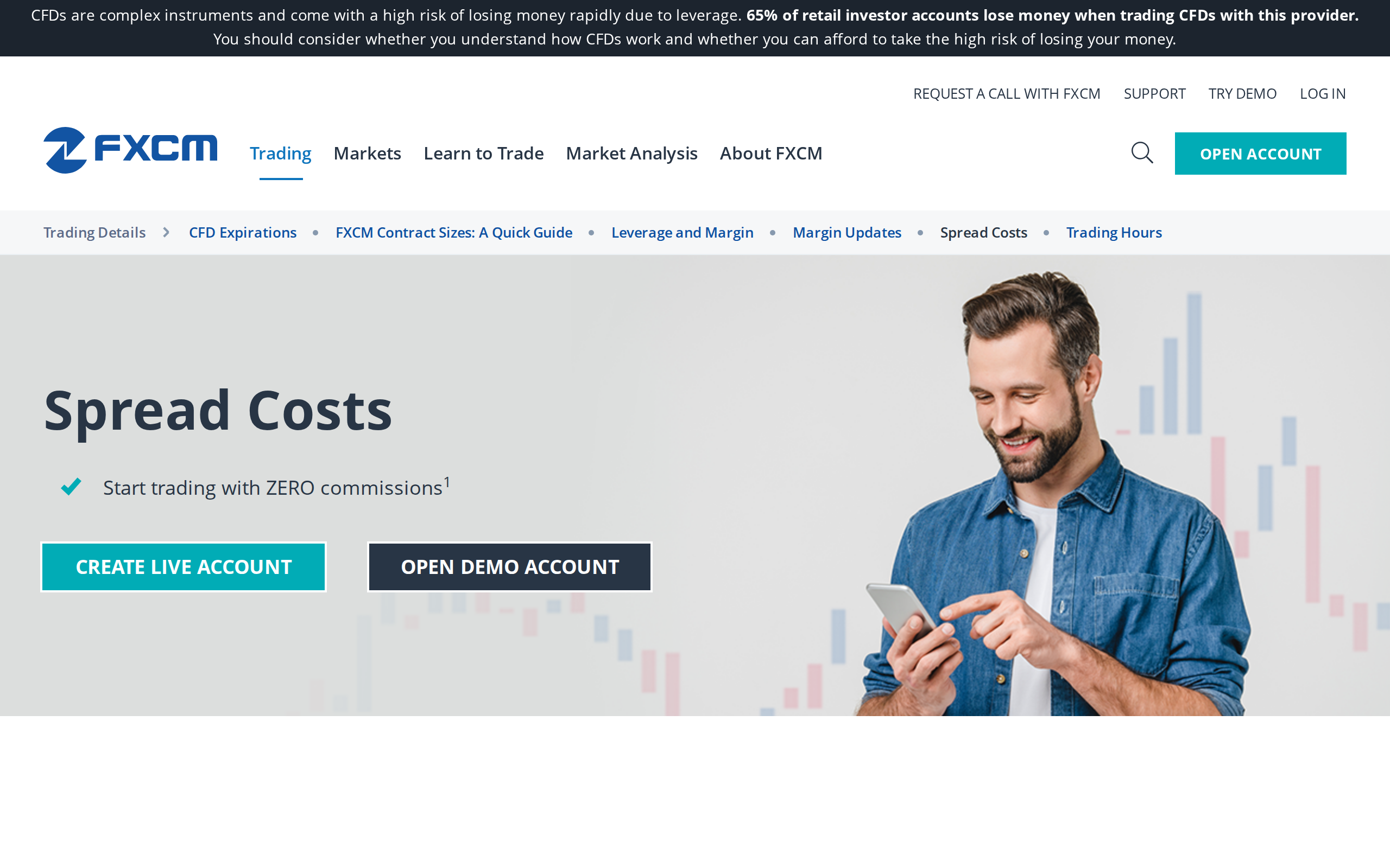 FXCM UK Spread Costs page listing current spreads by instrument