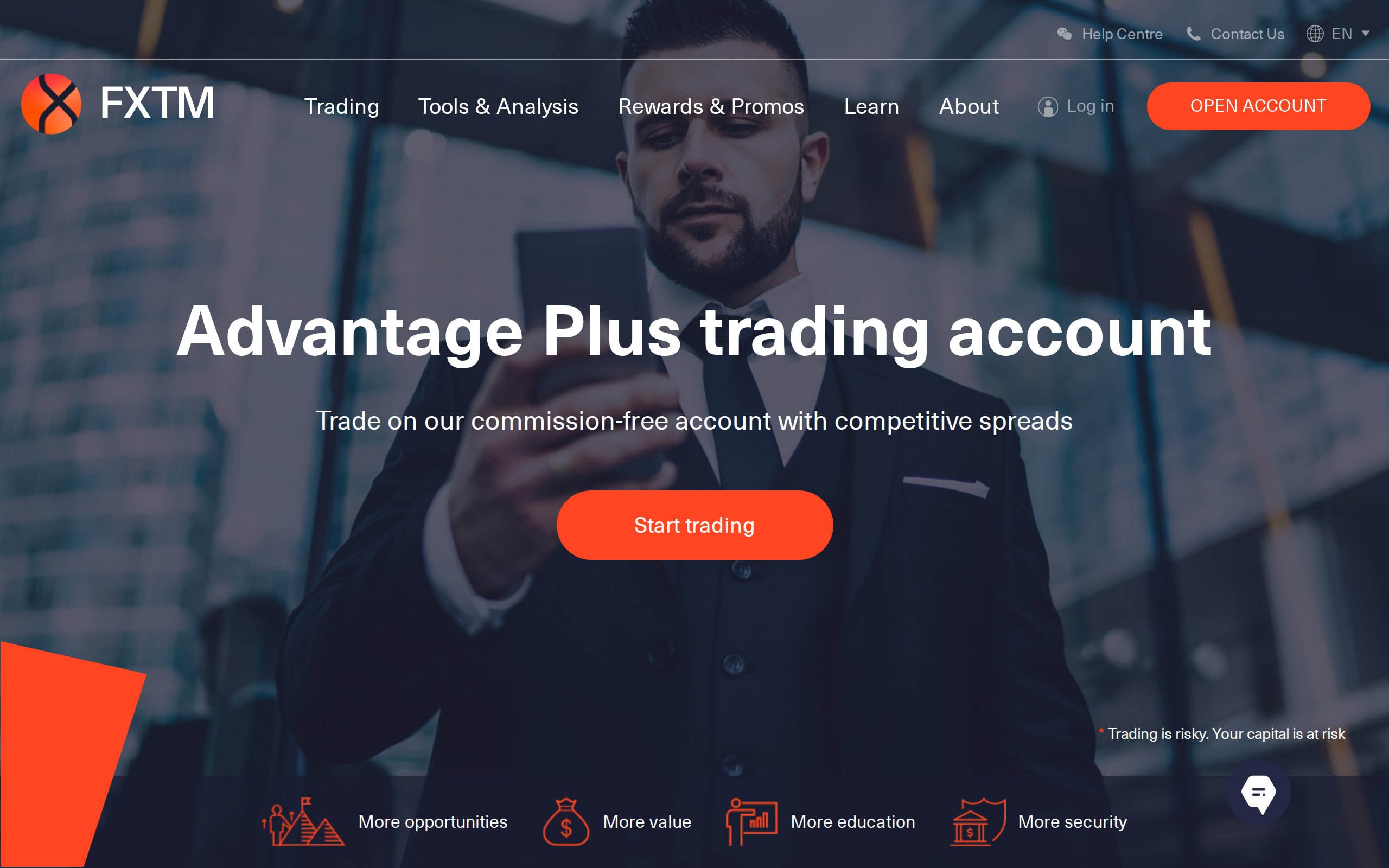 Advantage Plus trading account page reading No Commission and Competitive Spreads