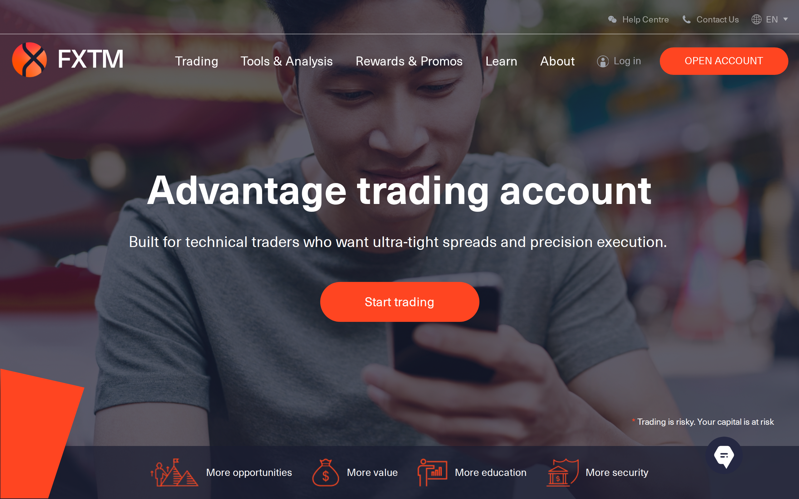 Advantage trading account page describing ultra-tight spreads and precision execution