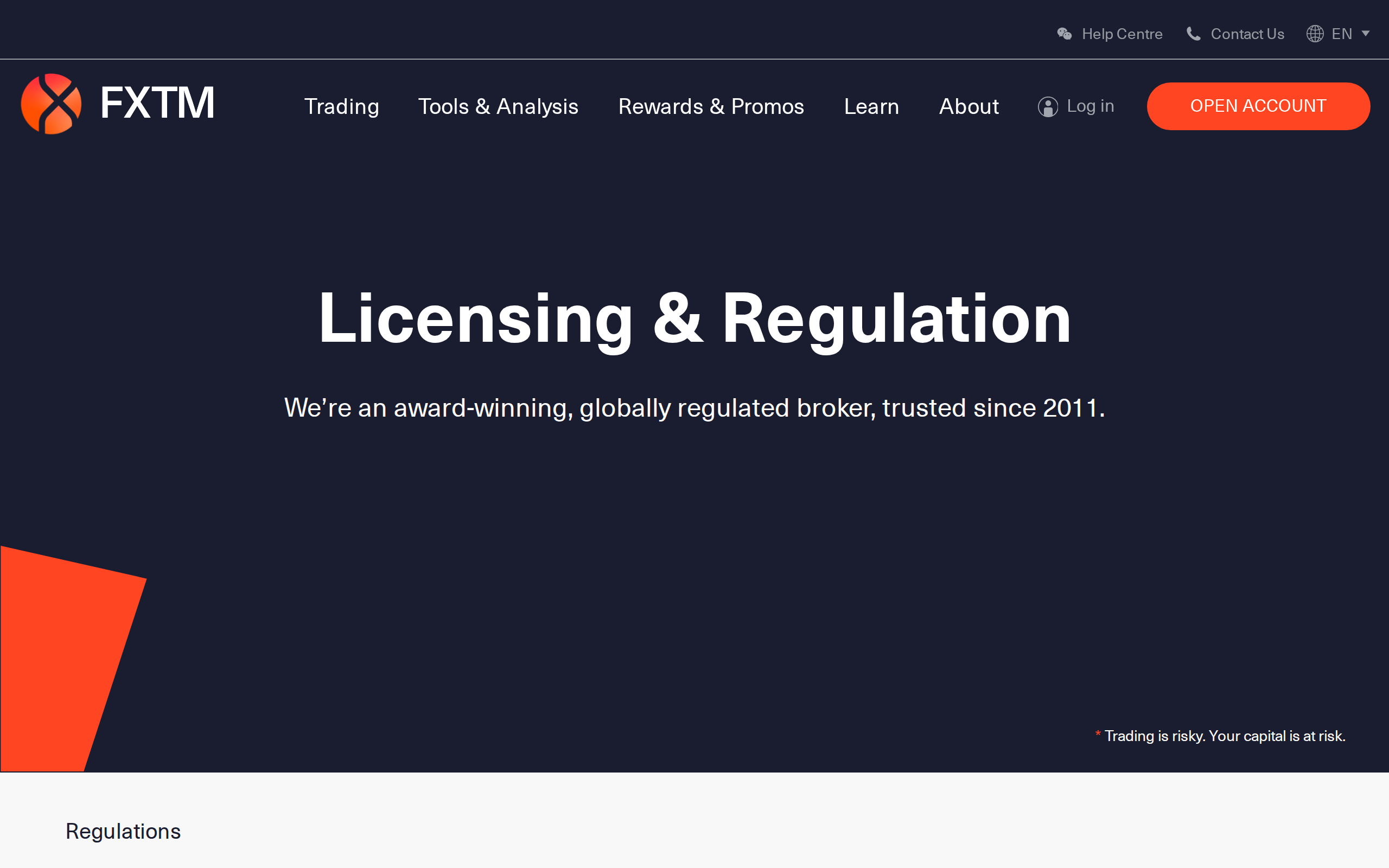 Licensing and Regulation page reading We're an award-winning, globally regulated broker, trusted since 2011
