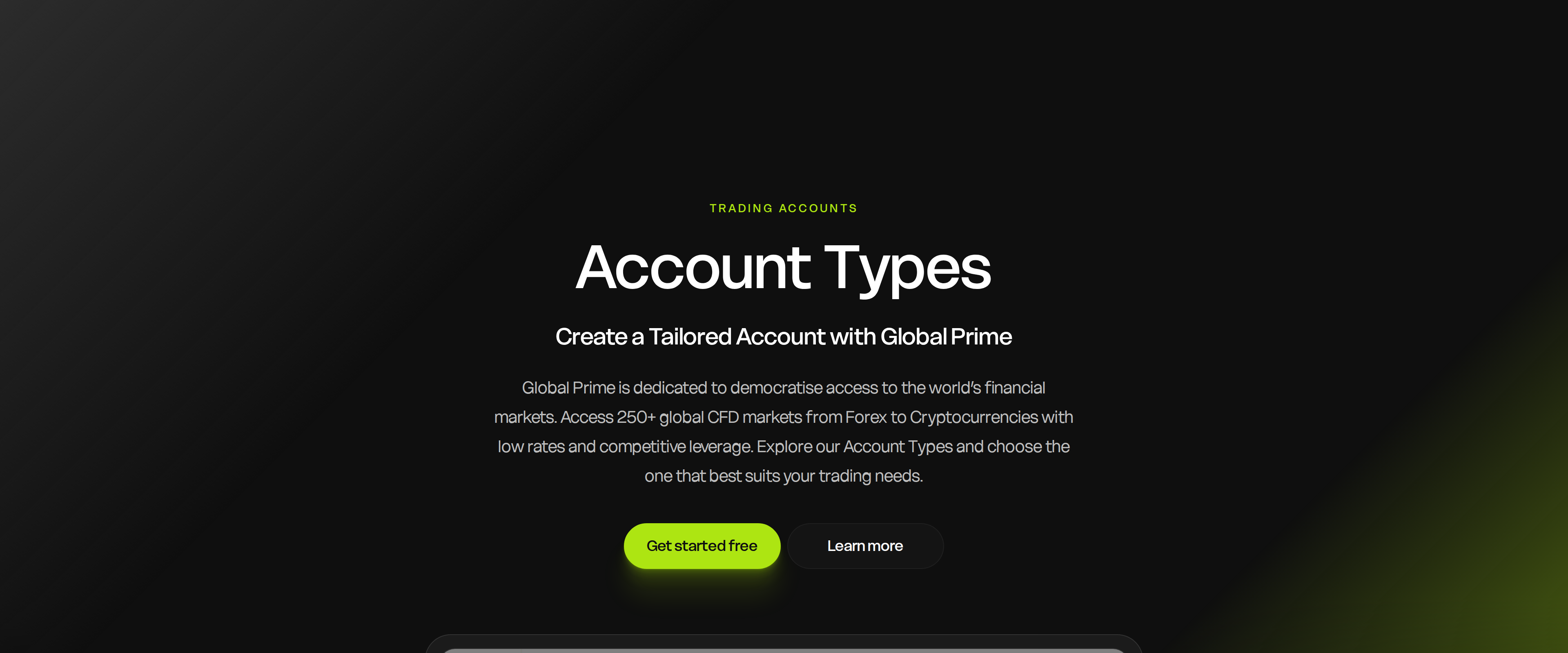 Global Prime's account types page, describing Raw and Standard trading accounts
