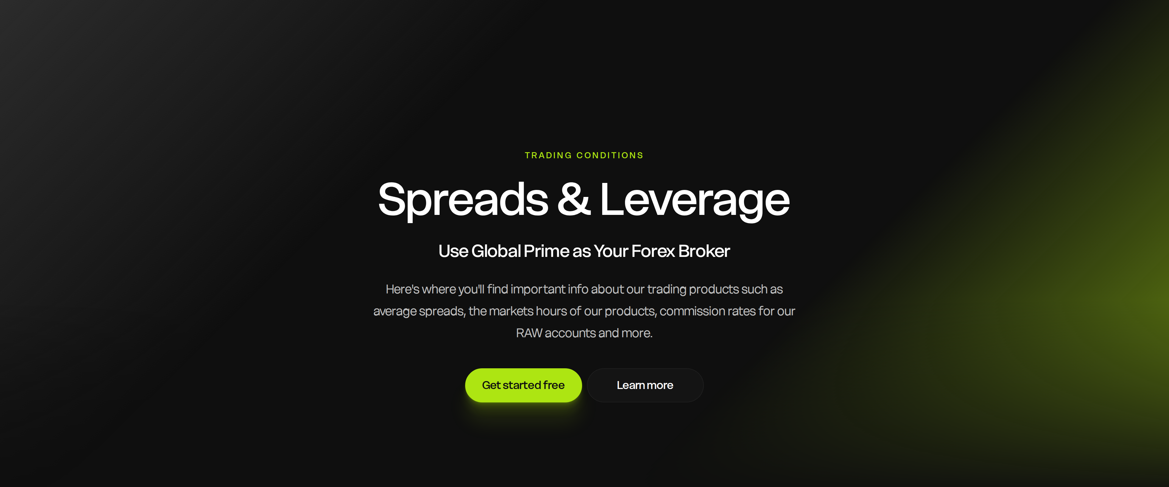 Global Prime's spreads and leverage page, listing trading conditions by product