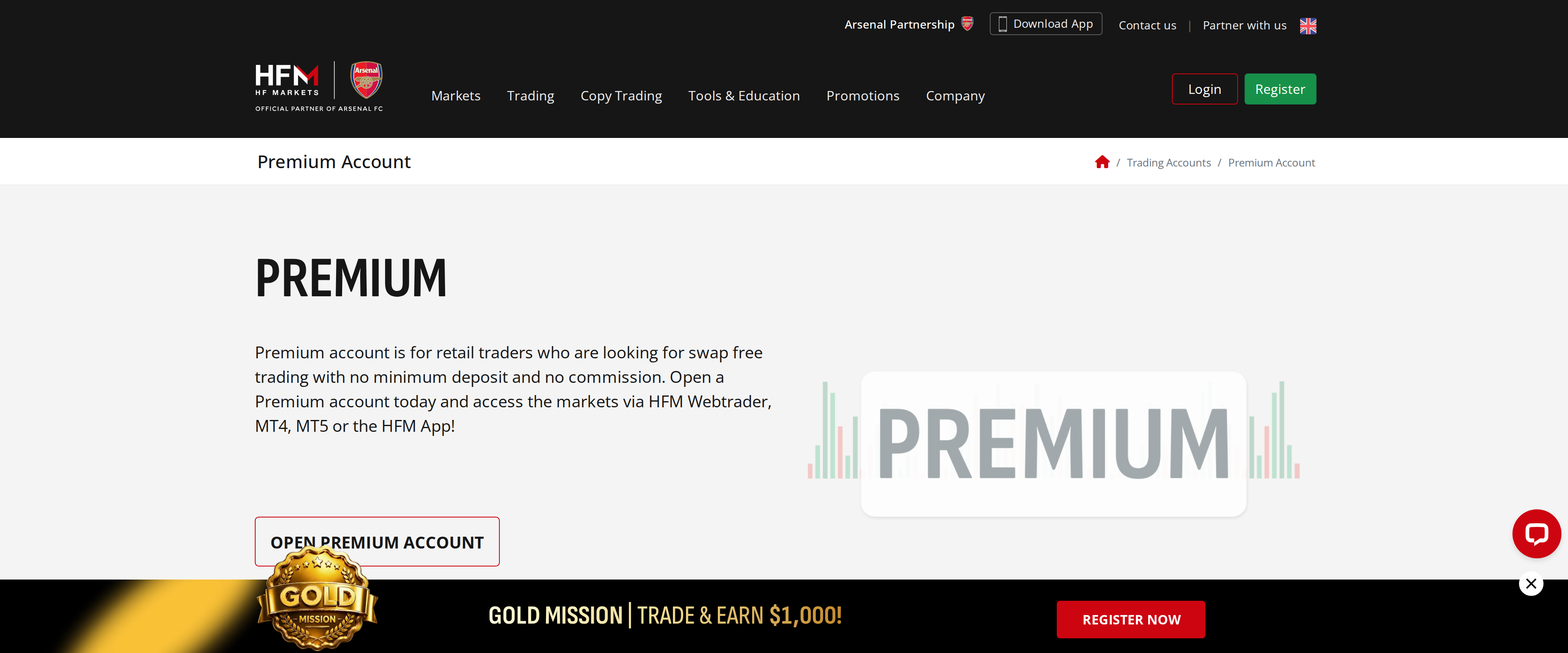 HFM's Premium Account page: swap-free trading with no minimum deposit and no commission
