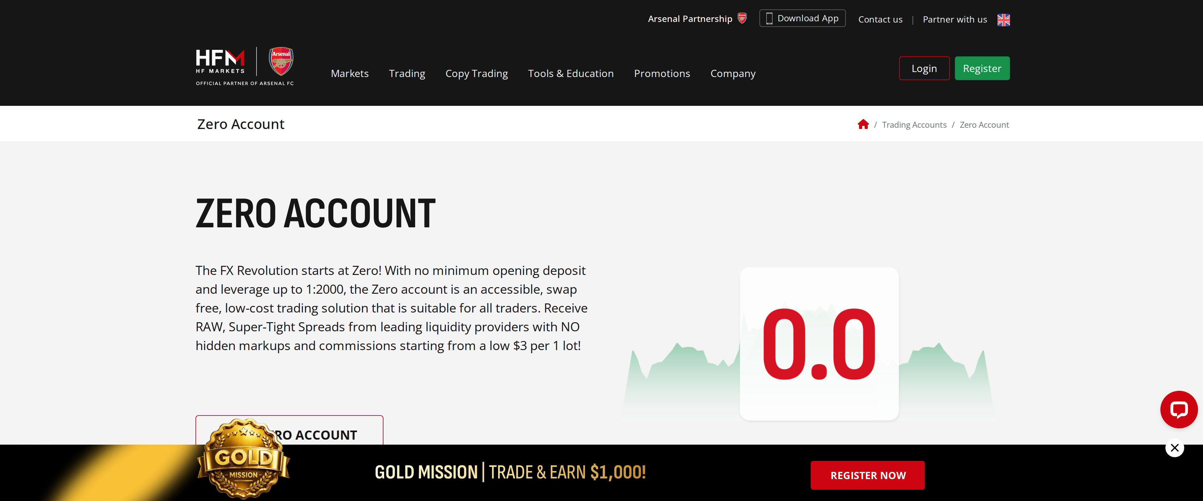 HFM's Zero Account page advertising no minimum deposit and leverage up to 1:2000