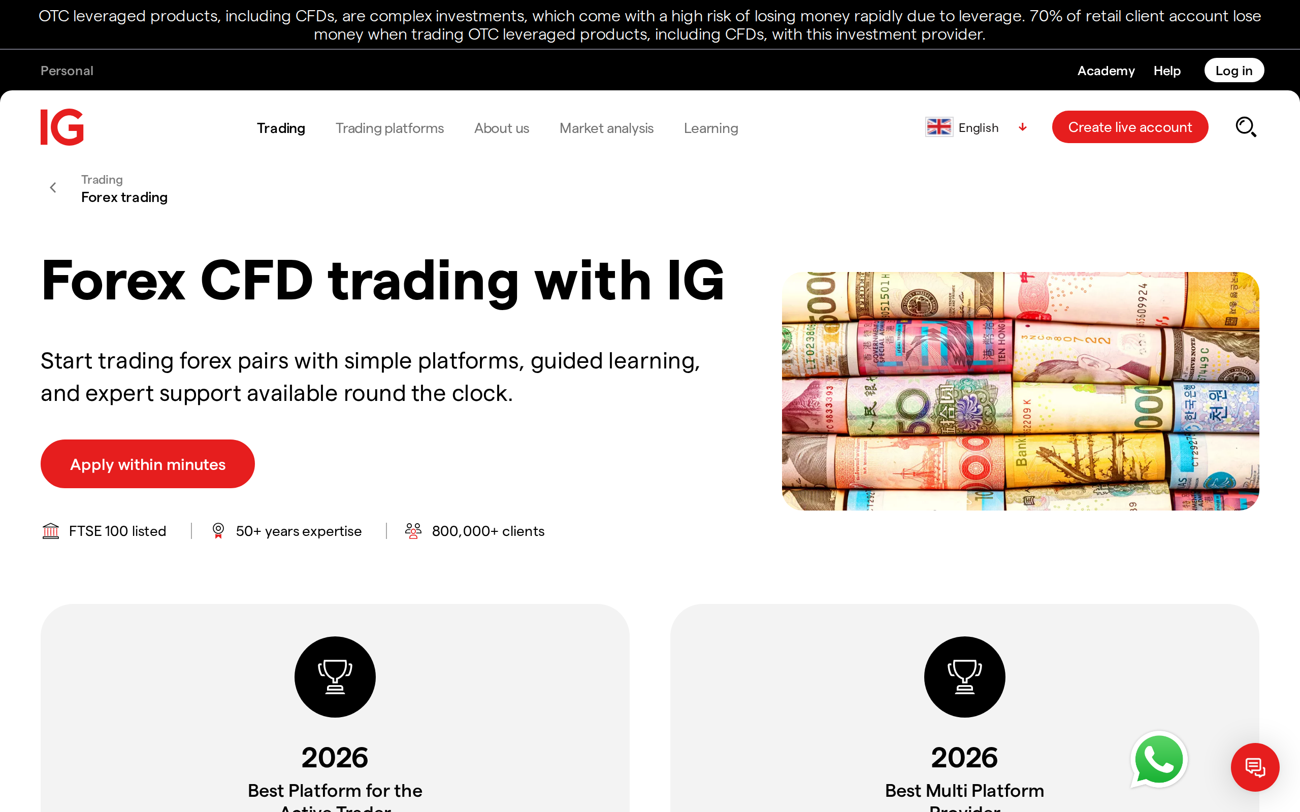 IG forex product page headline reading Forex CFD trading with IG above a bundled currency notes graphic
