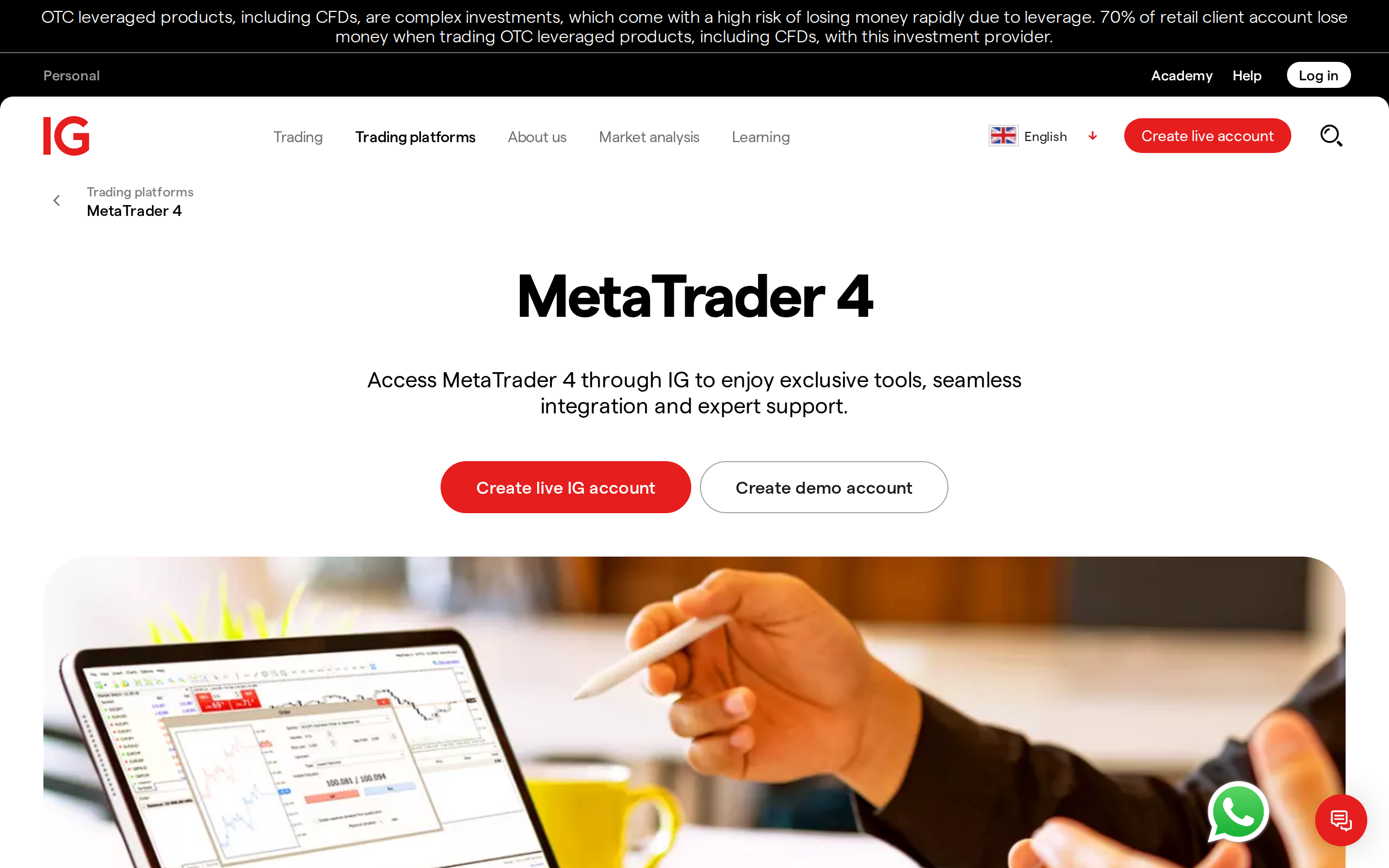 IG MetaTrader 4 access page describing exclusive tools and integration through IG