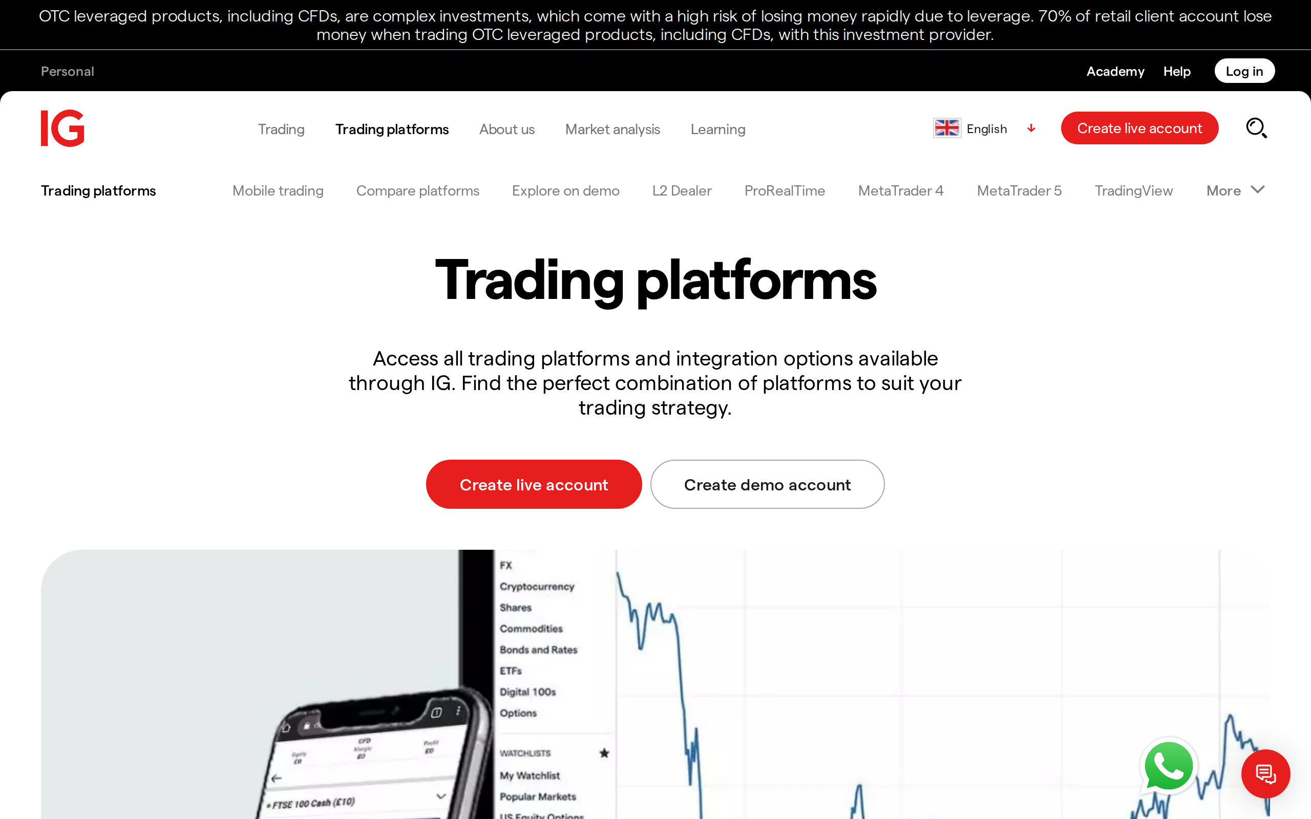 IG trading platforms overview page showing devices running the platform on desktop and mobile