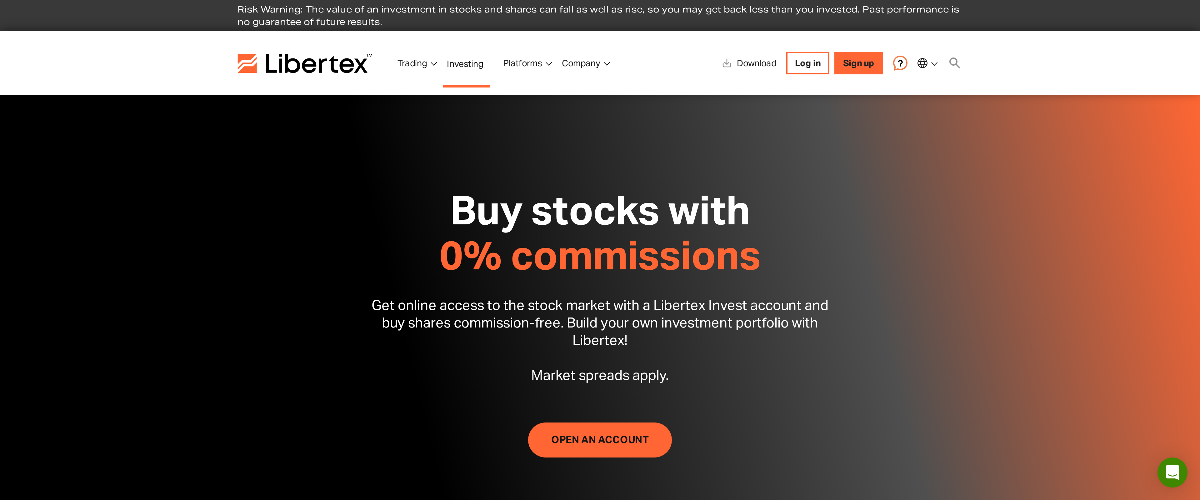 Libertex's Invest account page, advertising 0% commission stock buying