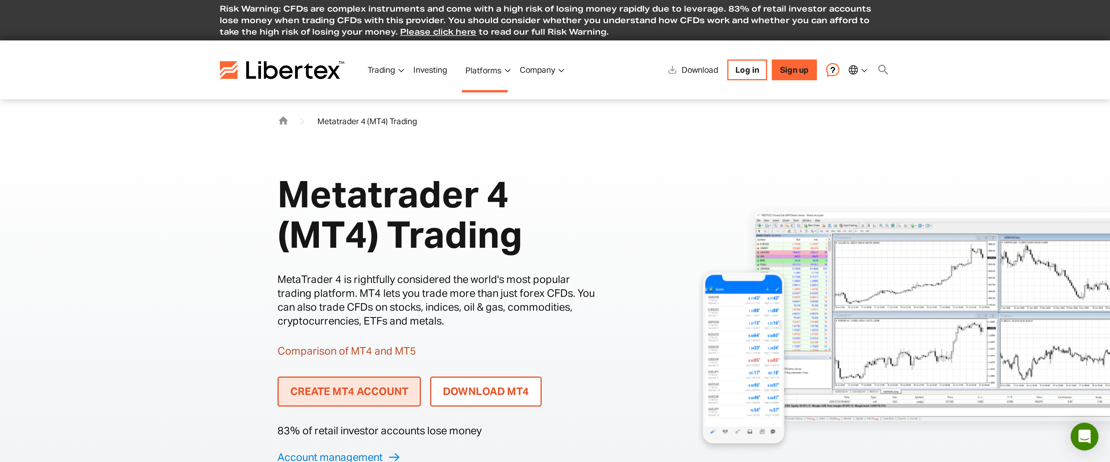 Libertex's MetaTrader 4 platform page, comparing MT4 and MT5