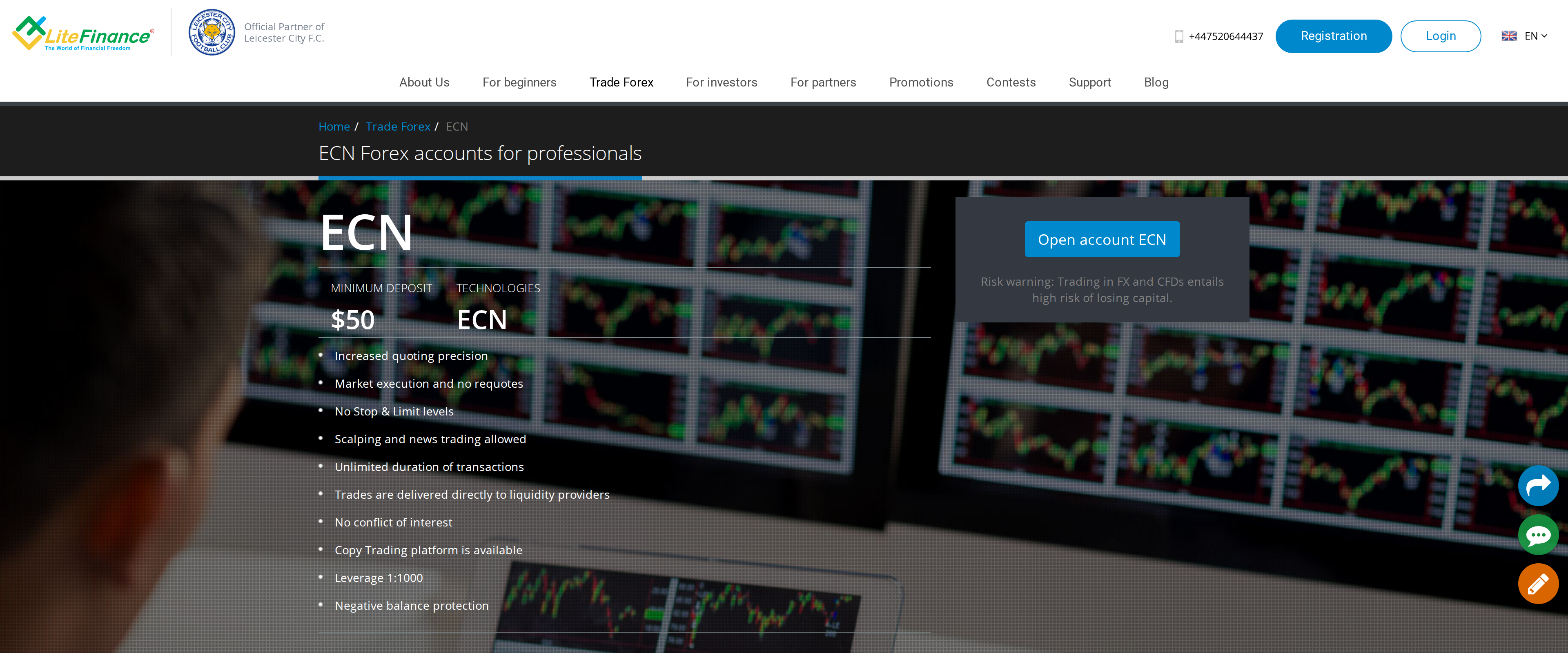 ECN Forex accounts for professionals page on LiteFinance, listing a $50 minimum