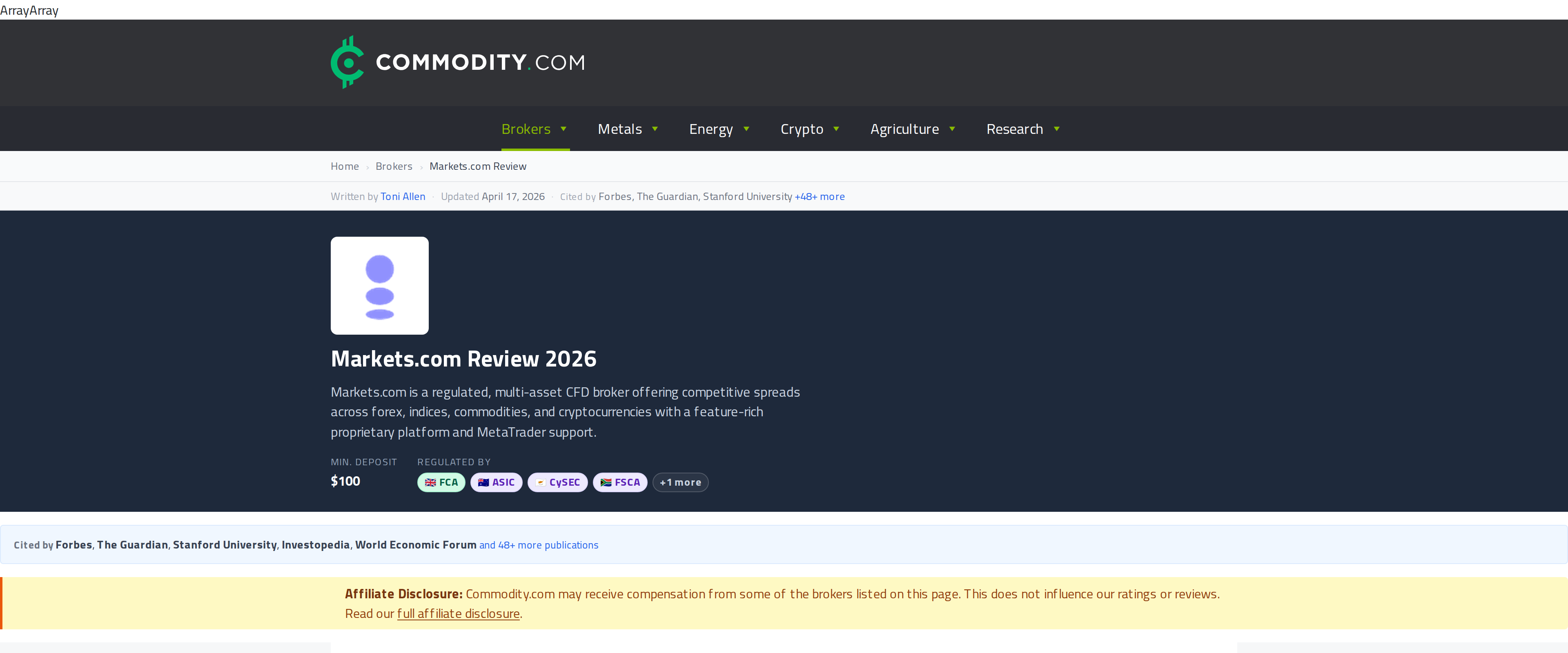 Independent review page summarising markets.com's fees, regulation and verdict, noting its multi-asset CFD offering