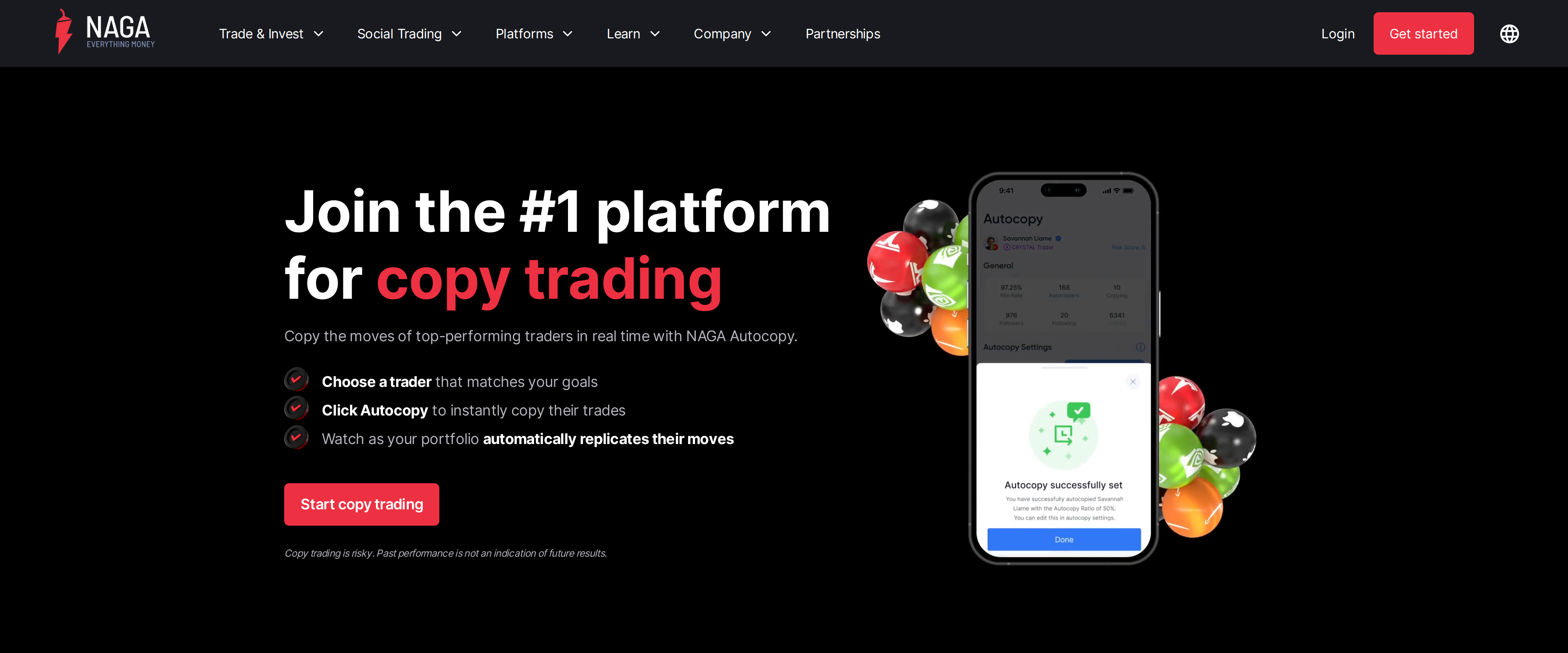 NAGA Autocopy page headline Join the number one platform for copy trading with steps to choose a trader and click Autocopy