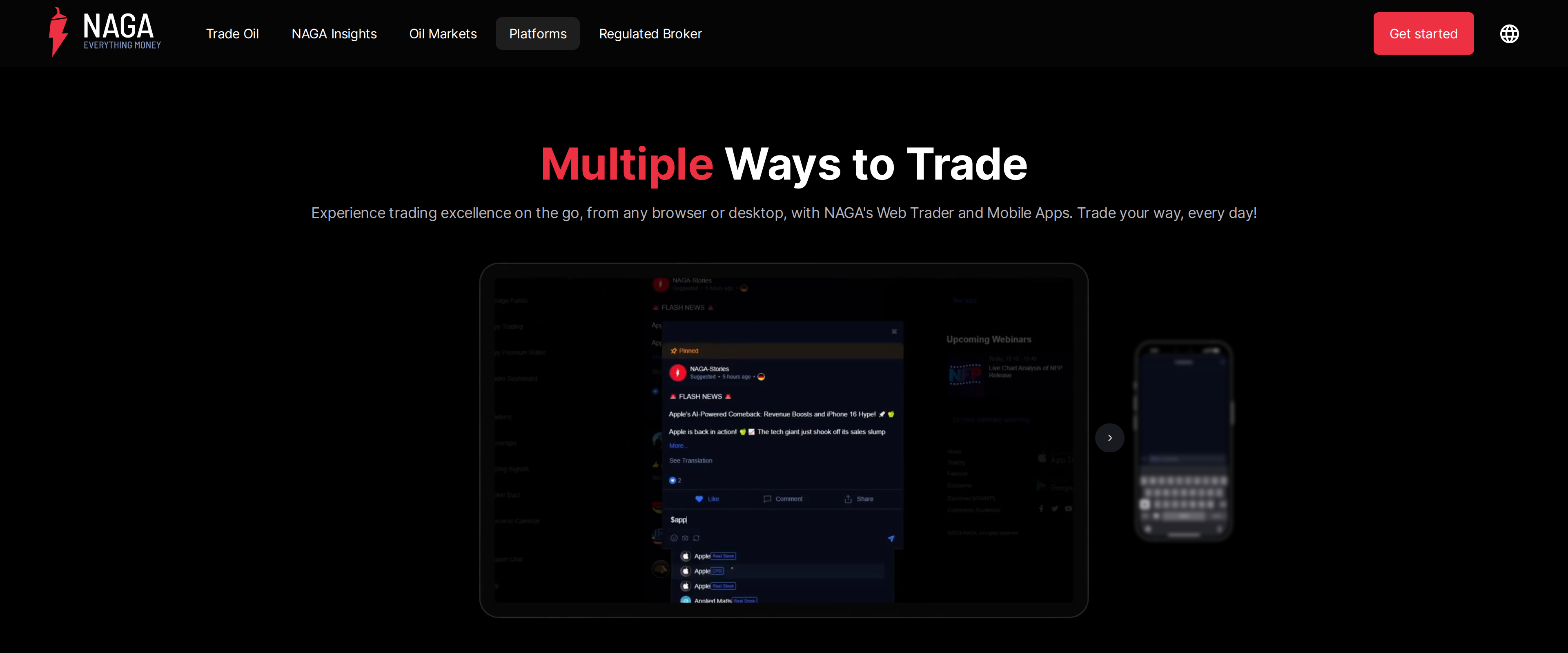 NAGA Platforms page headline Multiple Ways to Trade showing Web Trader and Mobile App previews
