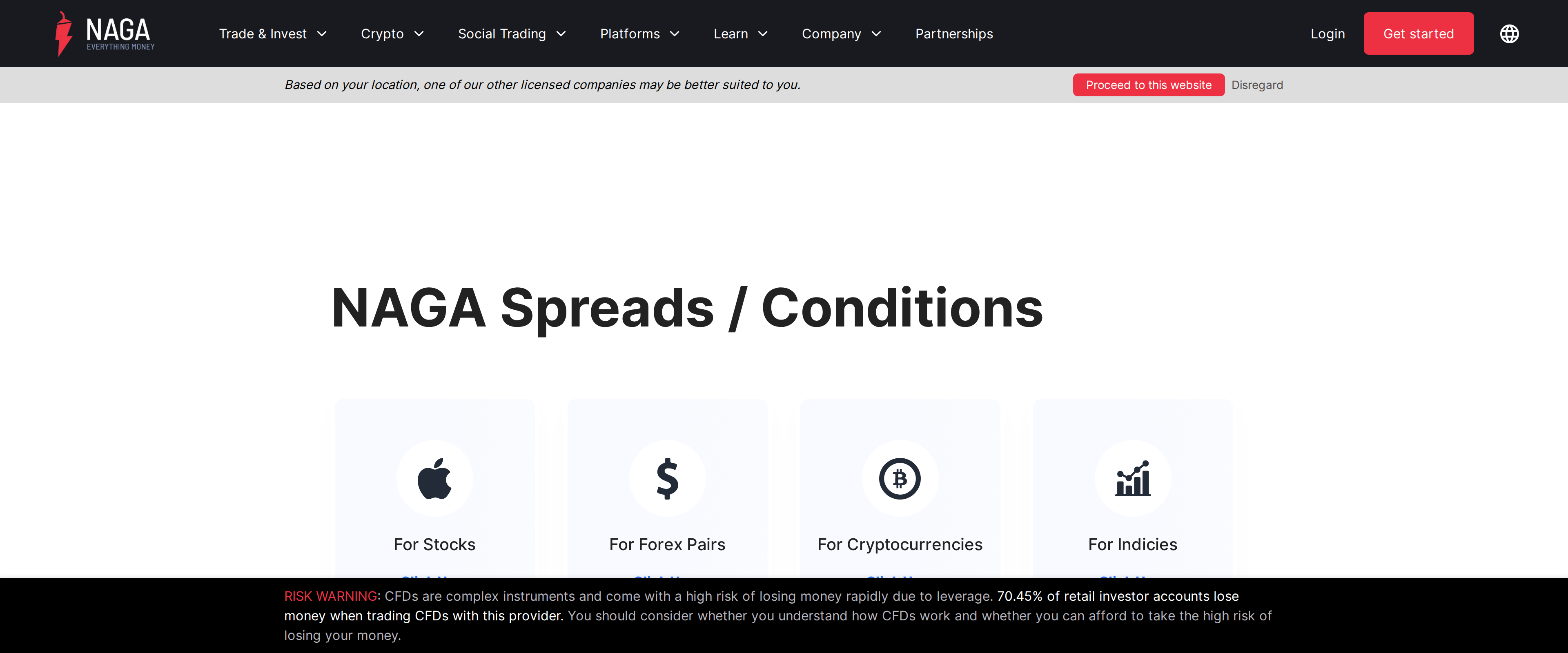 NAGA Spreads and Conditions page noting that another of its licensed companies may suit a visitor based on location