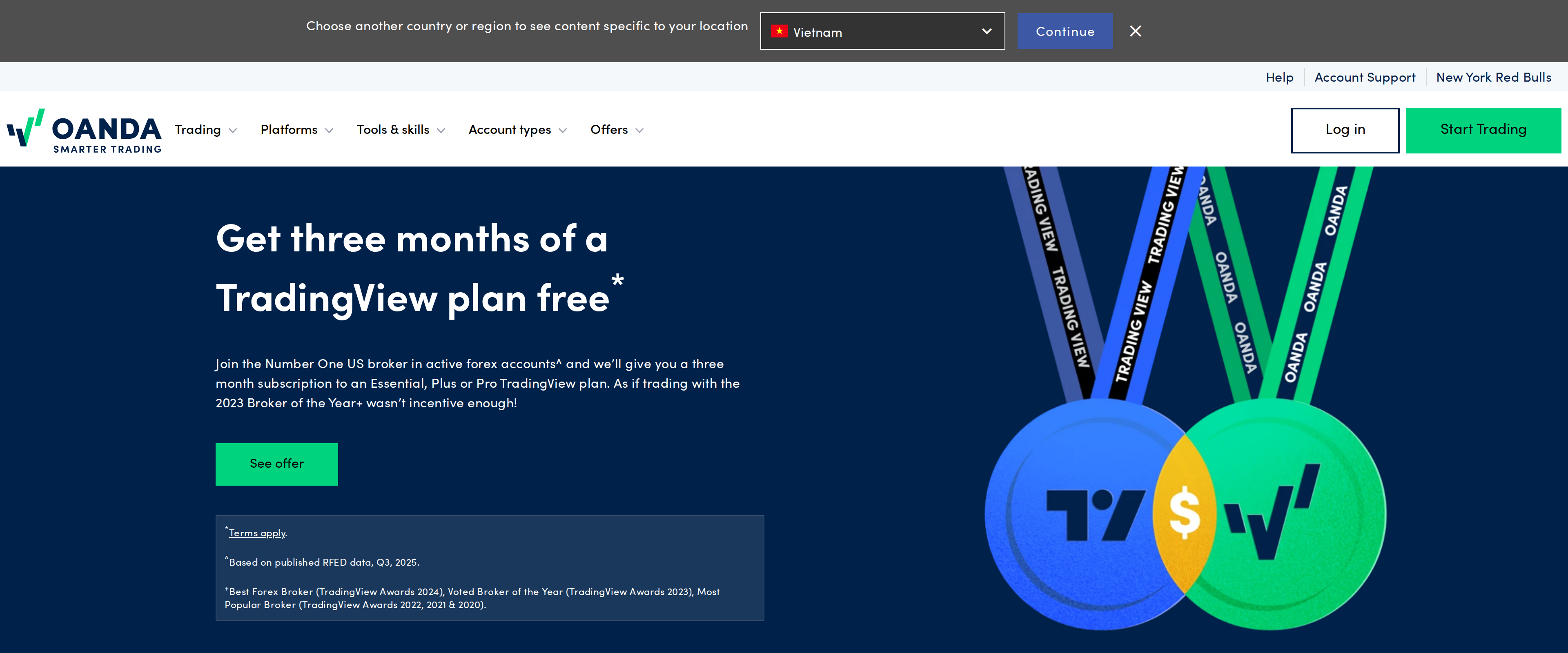 OANDA's TradingView integration page offering three free months of a paid TradingView plan