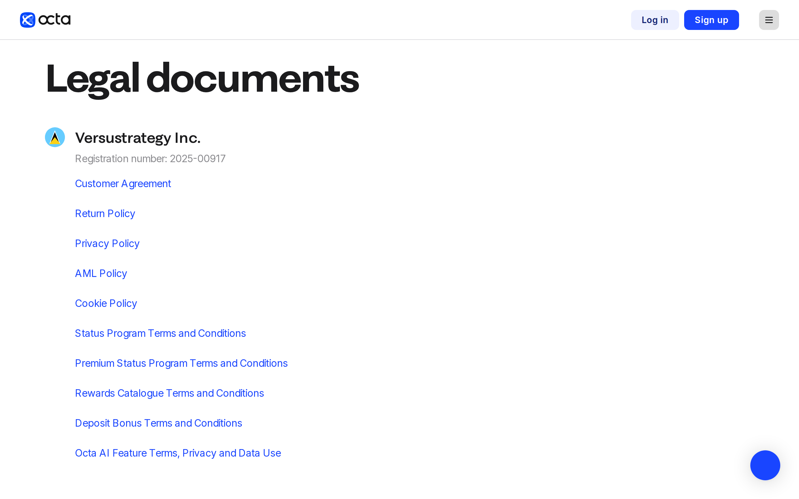 Octa legal documents page listing Versustrategy Inc. and its registration details