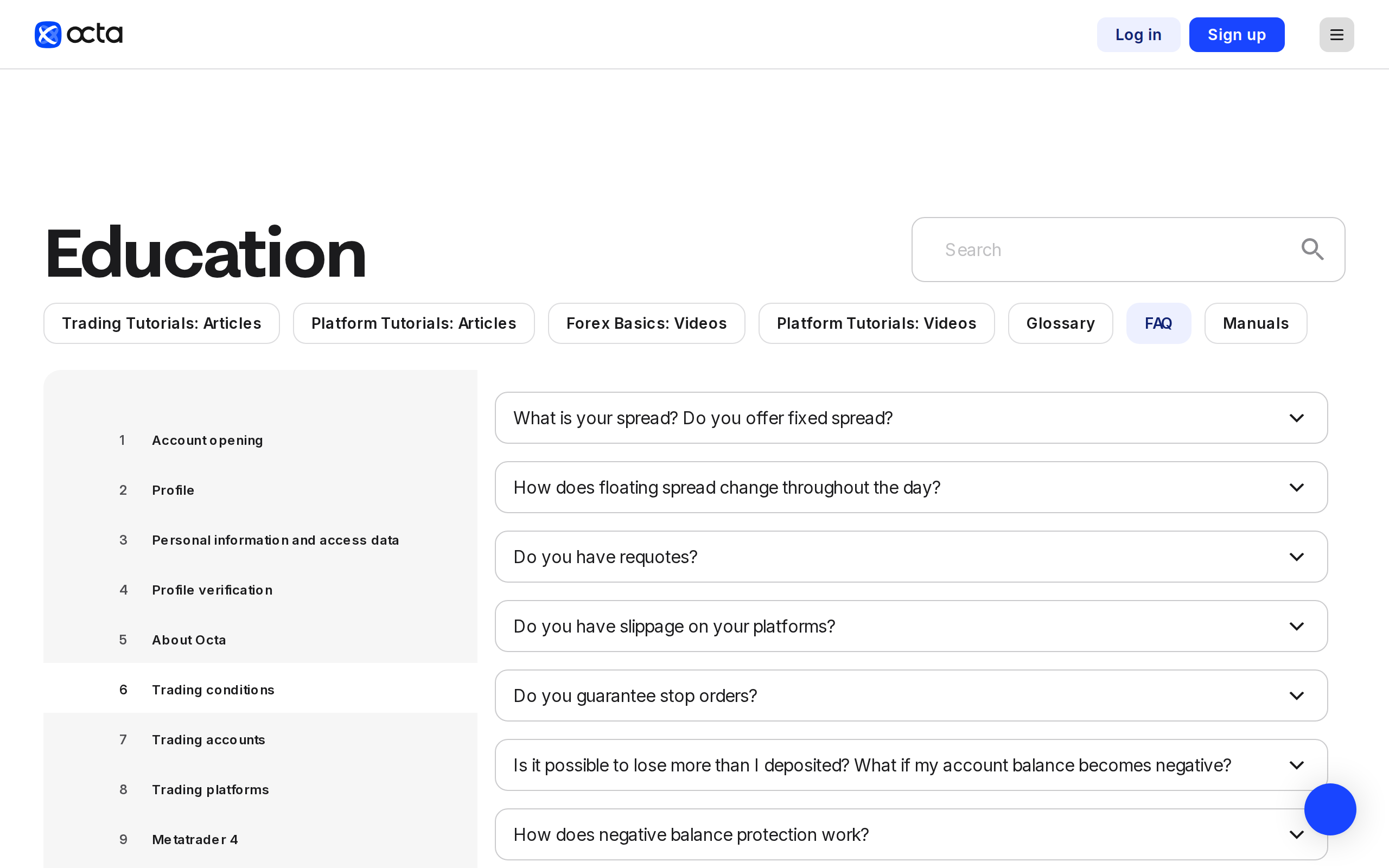 Octa trading conditions FAQ page listing spread and commission questions