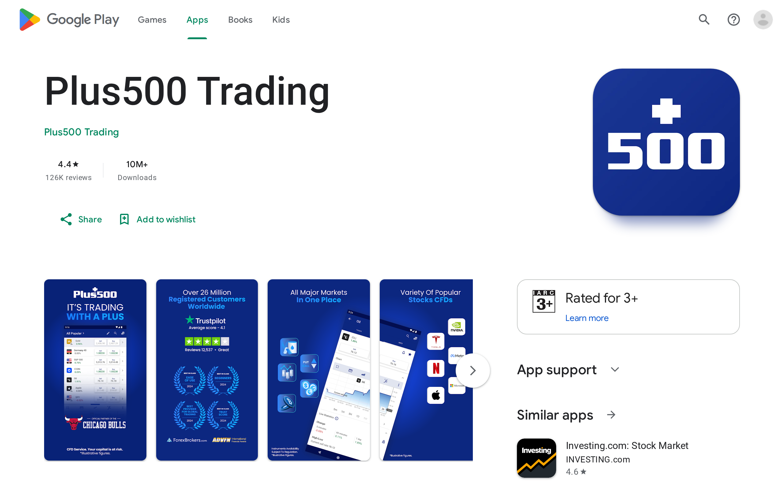 Plus500 Trading listing on Google Play showing the app icon and screenshots