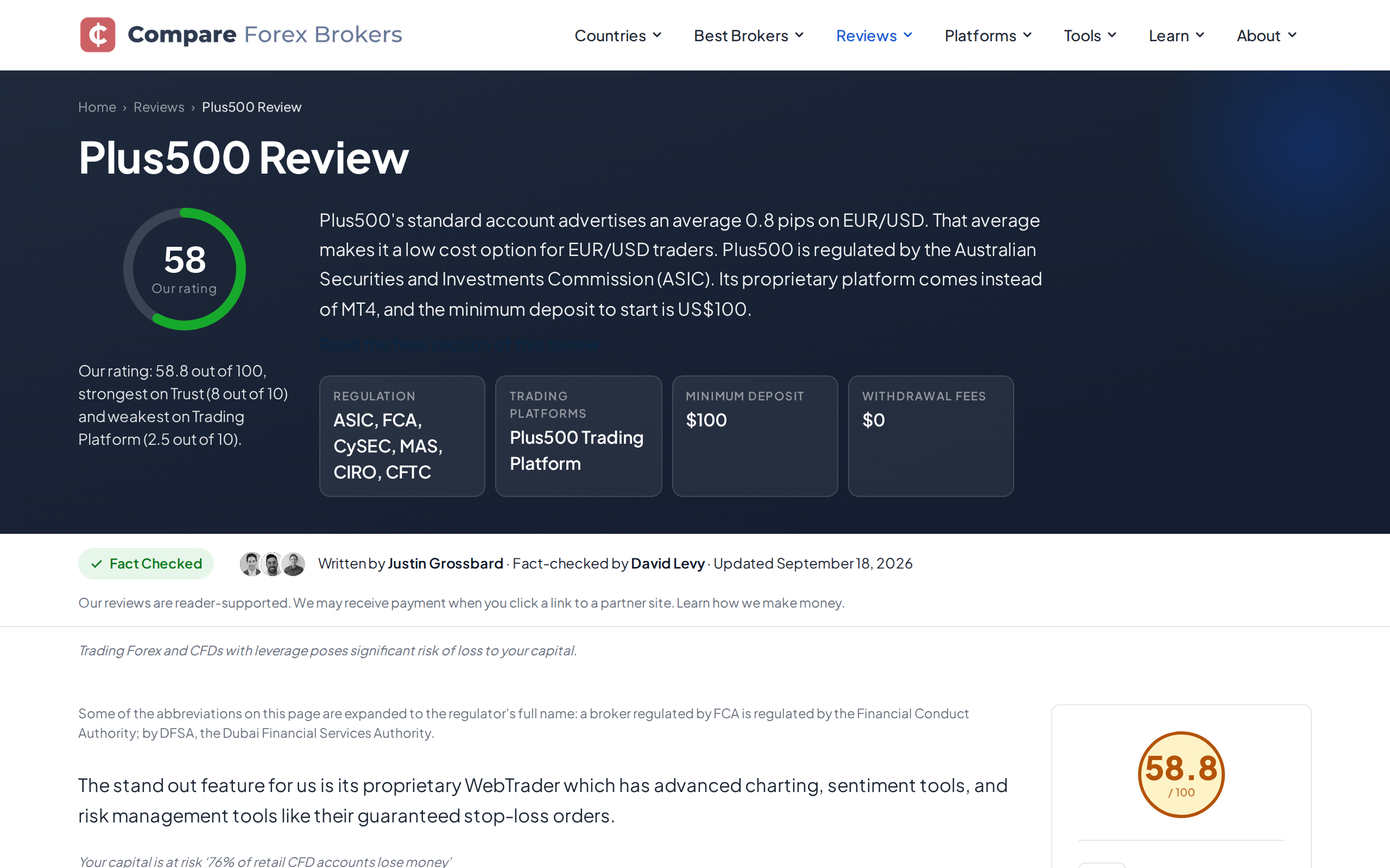 Plus500 review page from an independent comparison site listing broker award categories and pricing