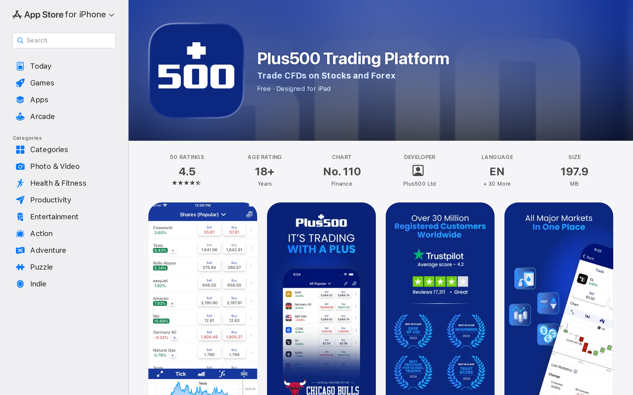 Plus500 Trading Platform listing on the Apple App Store showing the app name and preview screens