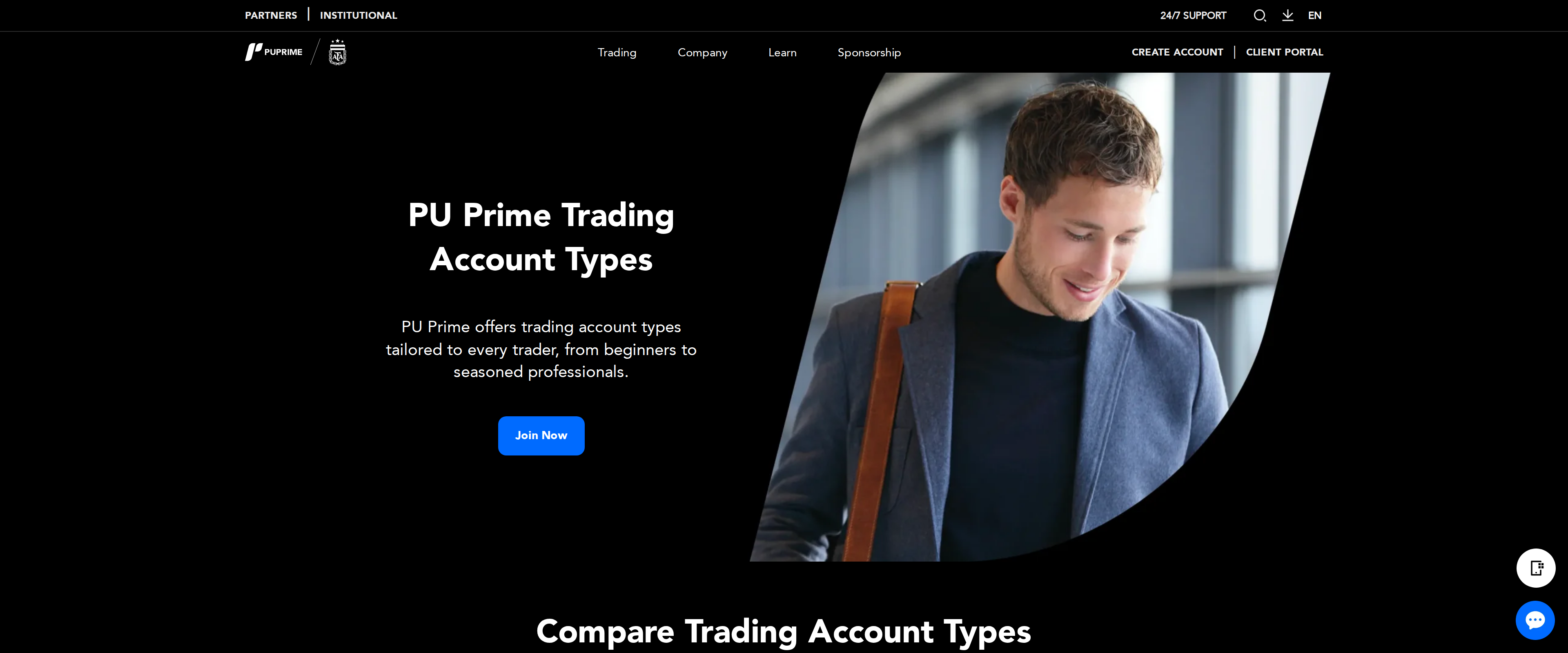 PU Prime Trading Account Types page headline reading Compare Trading Account Types, describing options tailored to every trader from beginners to professionals