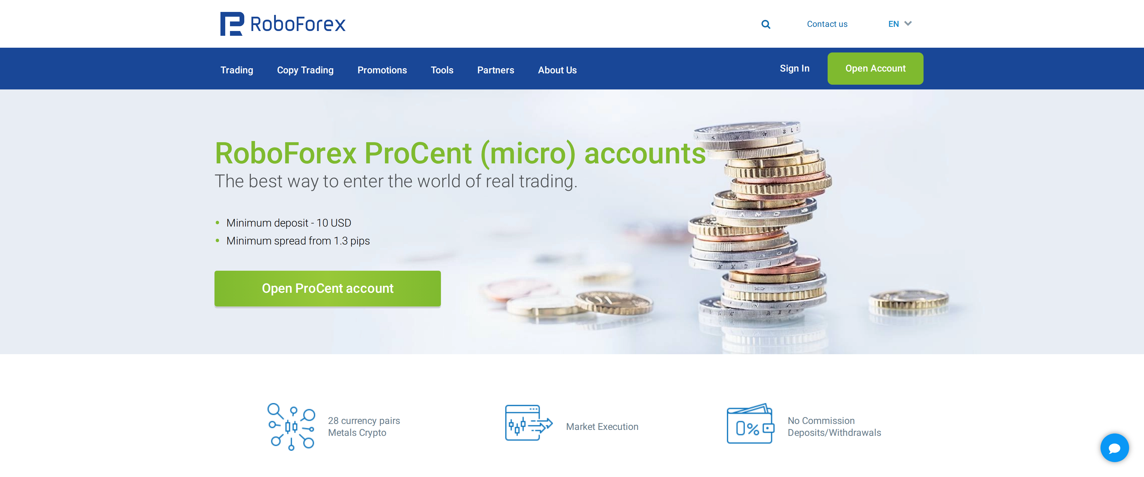 RoboForex ProCent micro accounts page listing a minimum spread from 1.3 pips and a 10 USD entry point