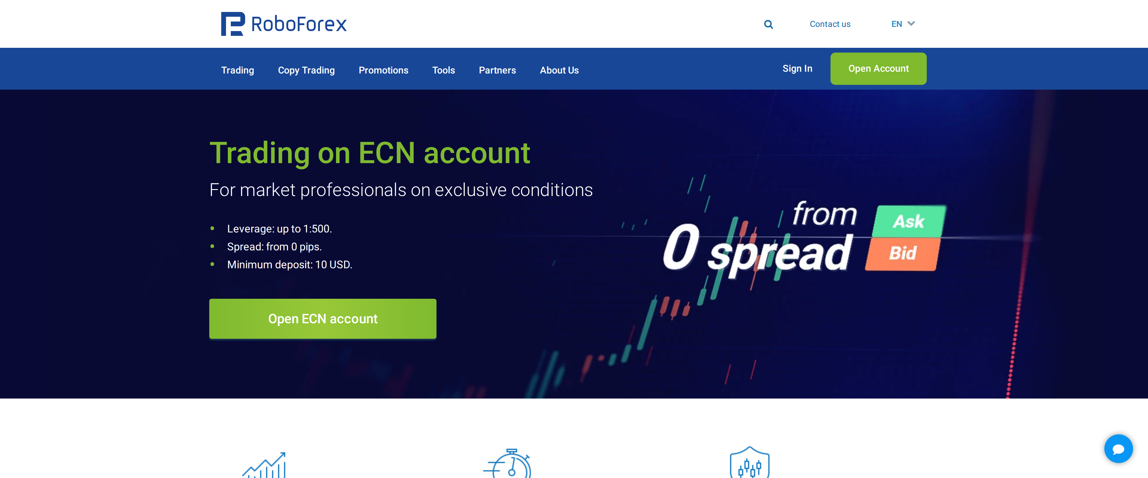 RoboForex ECN account page headline Trading on ECN account, with text about high liquidity and fast execution for market professionals