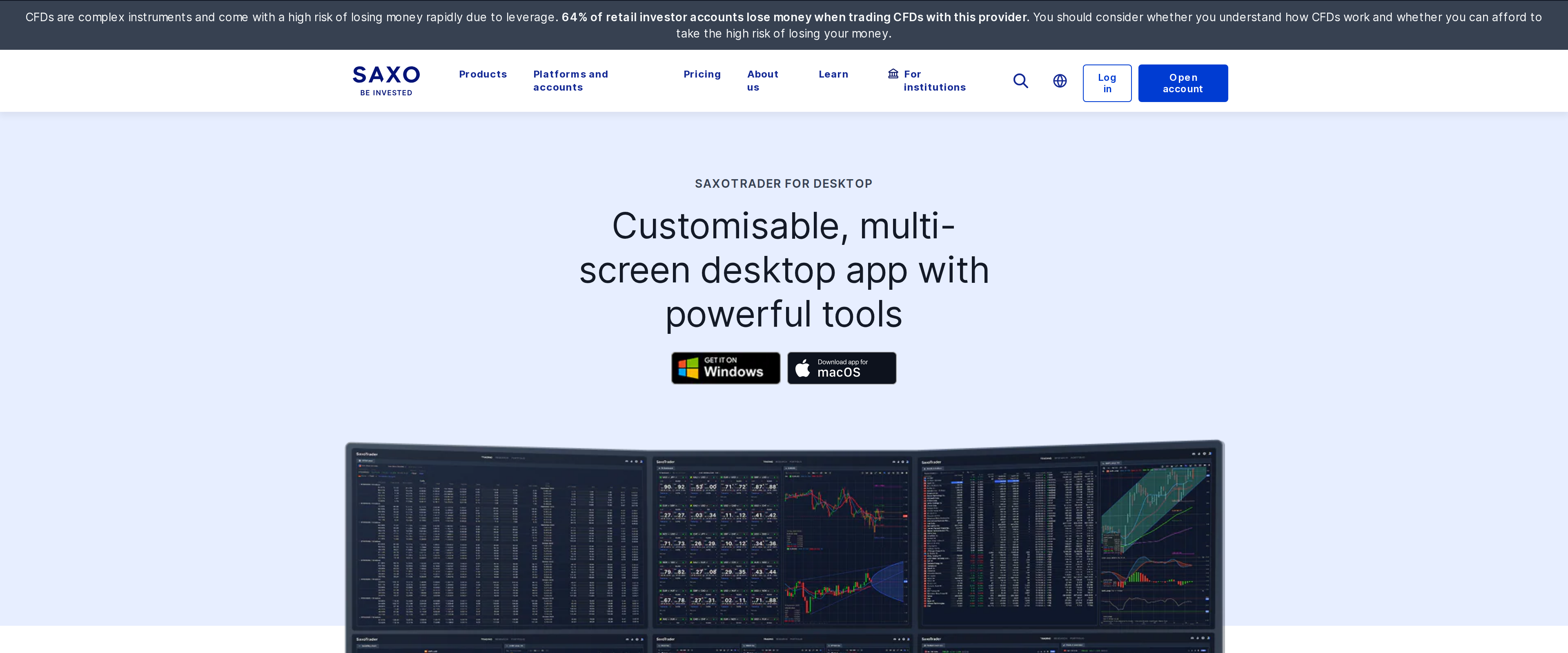 Saxo's SaxoTraderPRO desktop page describing a customisable multi-screen setup