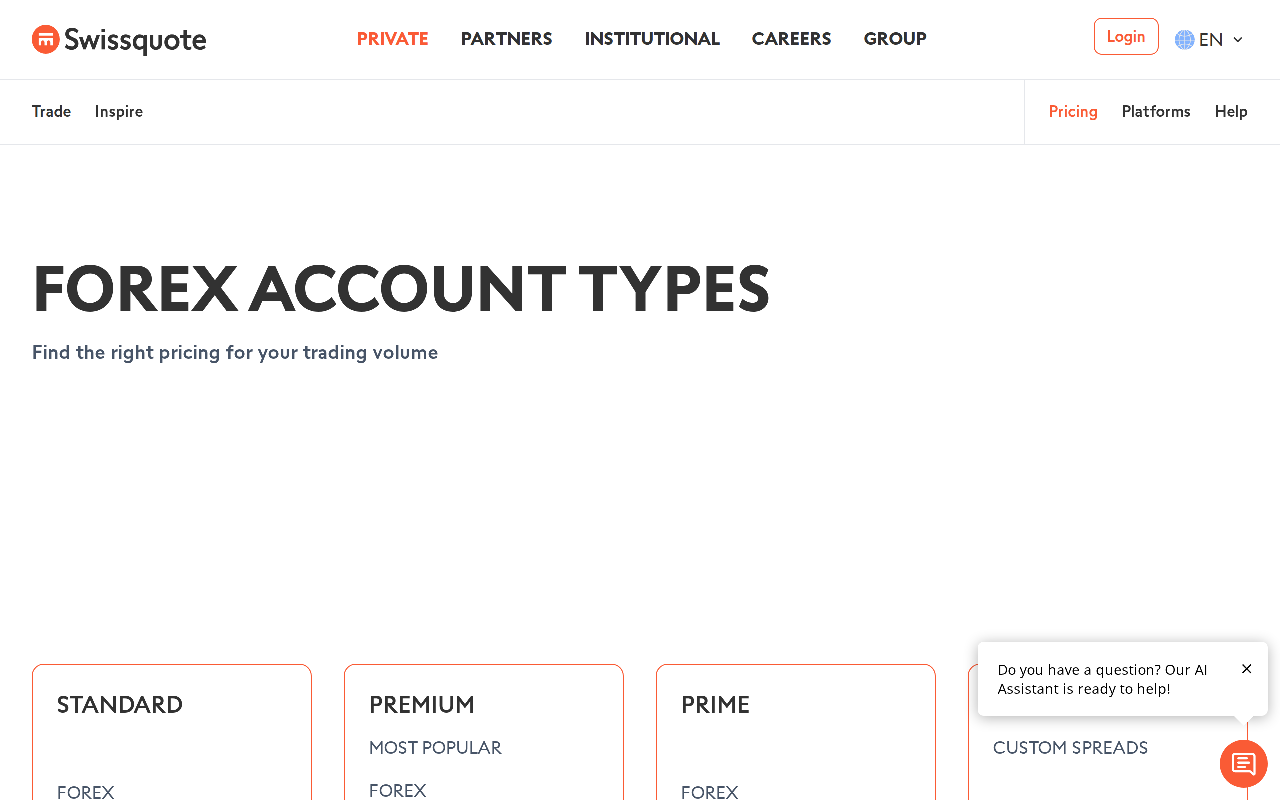 Swissquote forex account types page comparing Standard, Premium and Prime tiers