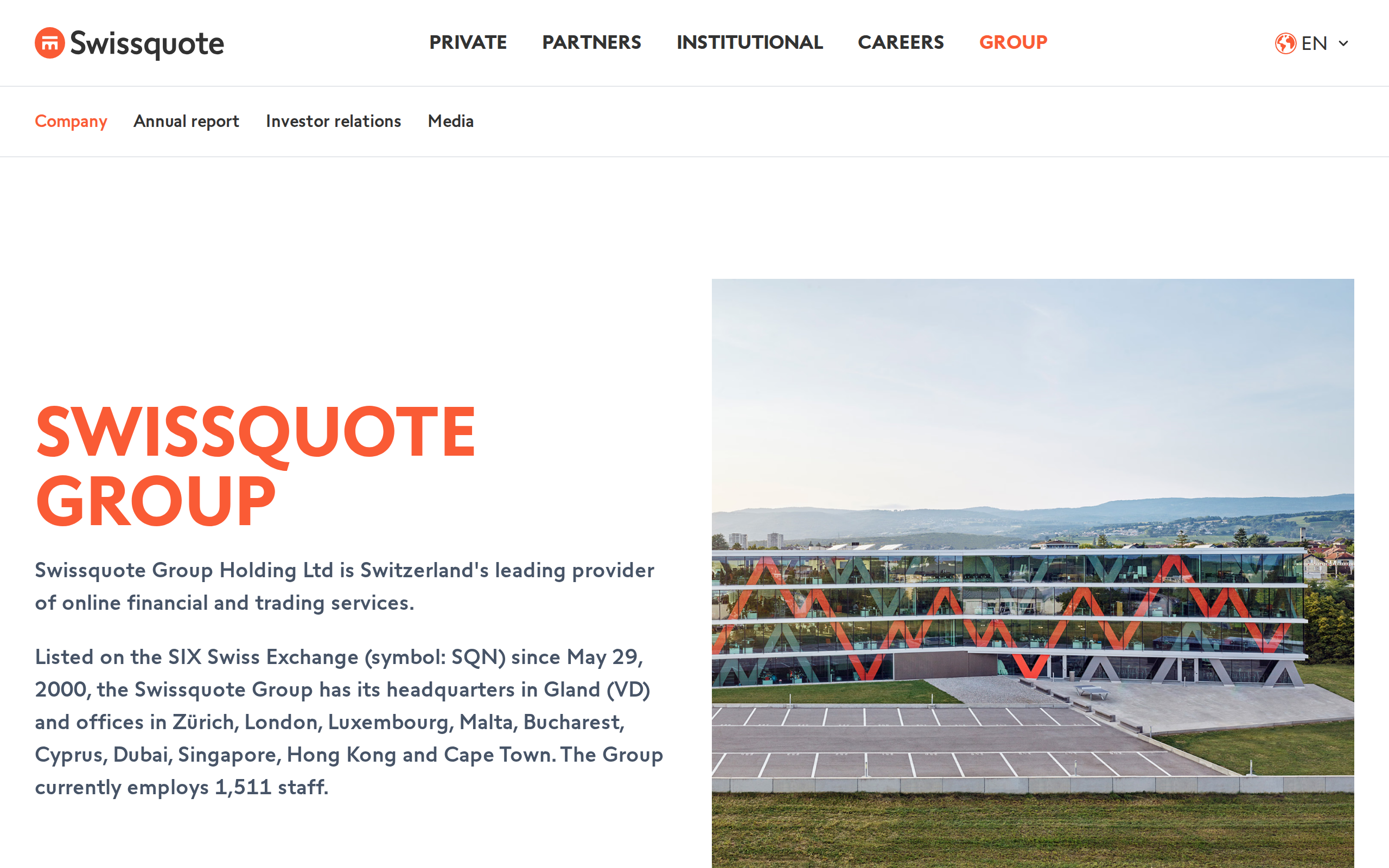 Swissquote Group corporate page showing the company headquarters building in Gland