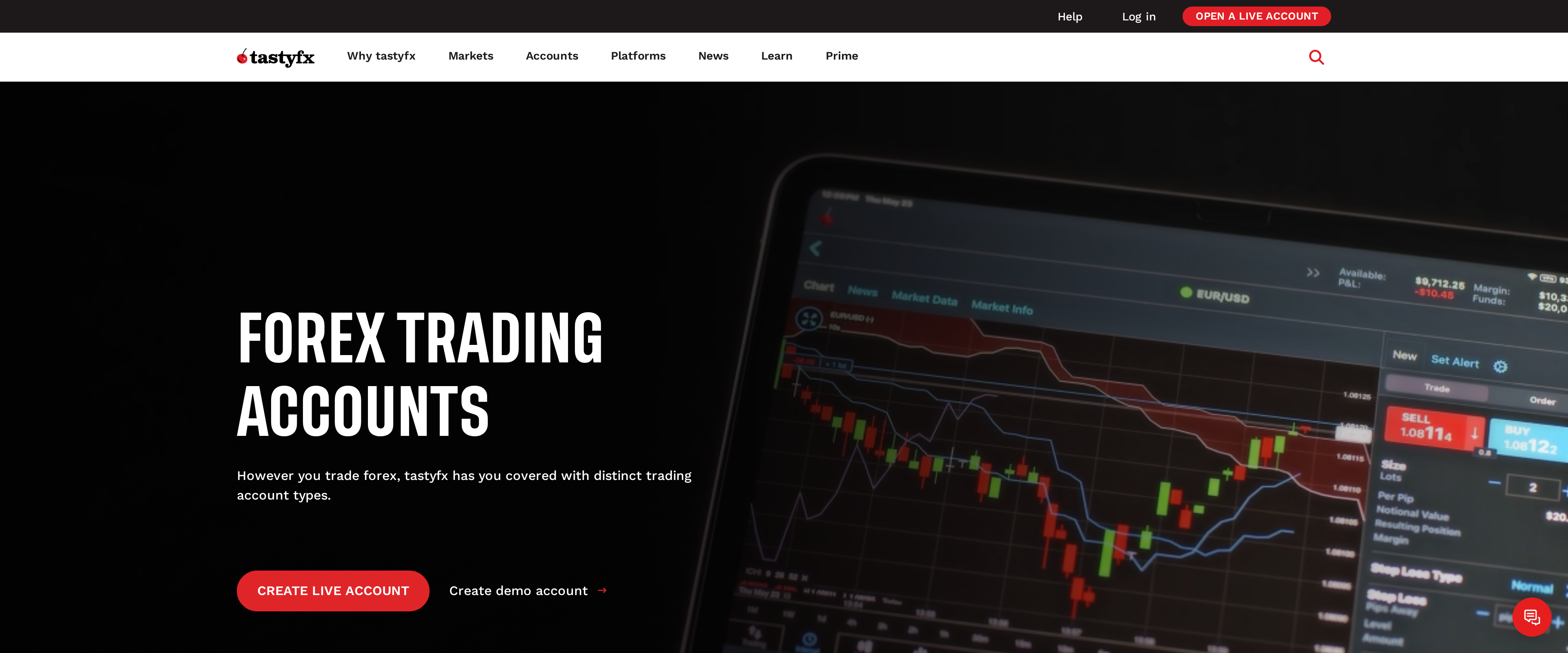 tastyfx Accounts page headline FOREX TRADING ACCOUNTS describing distinct account types for live, demo and IRA trading