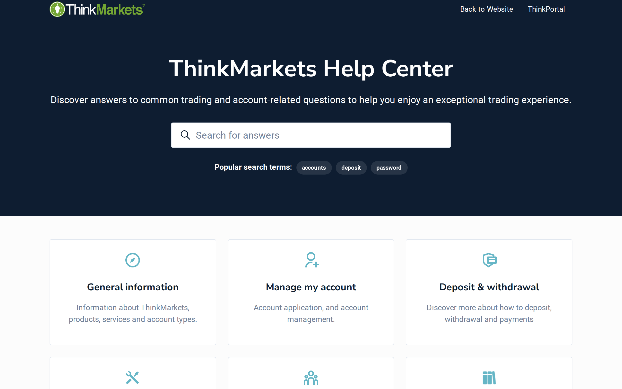 ThinkMarkets Help Center page listing categories for general information, account management and deposits