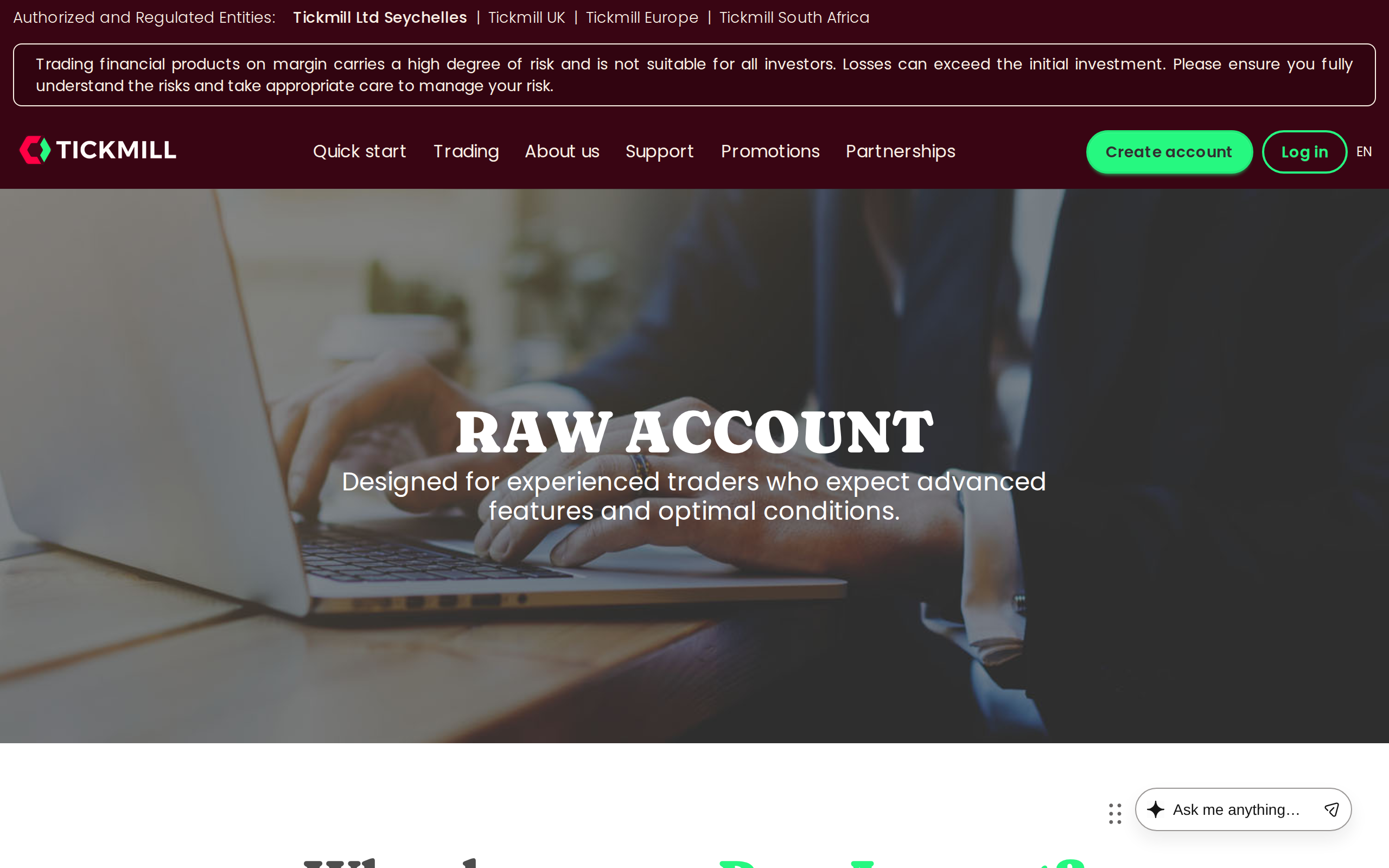 Raw Account page headline reading Why choose our Raw Account