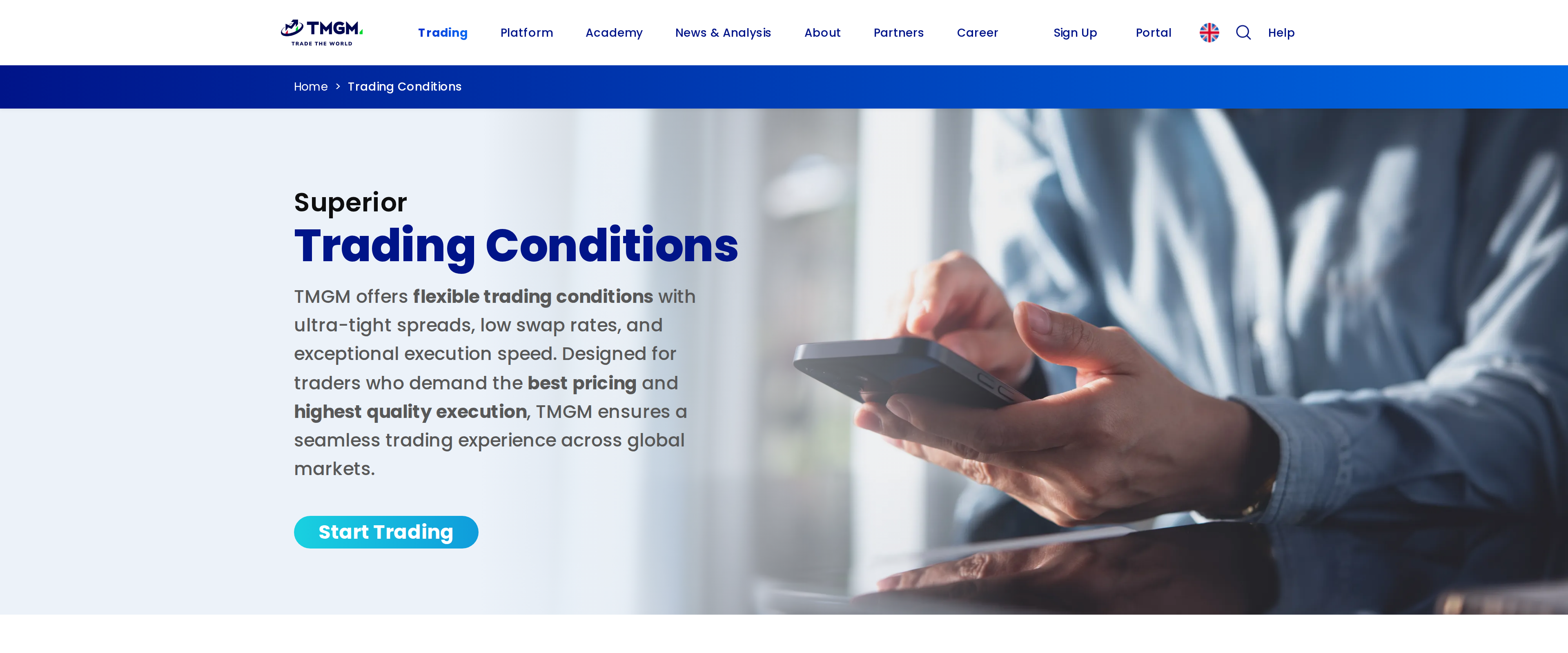 TMGM Trading Conditions page headline reading Superior Trading Conditions, describing ultra-tight spreads, low swap rates and exceptional execution speed
